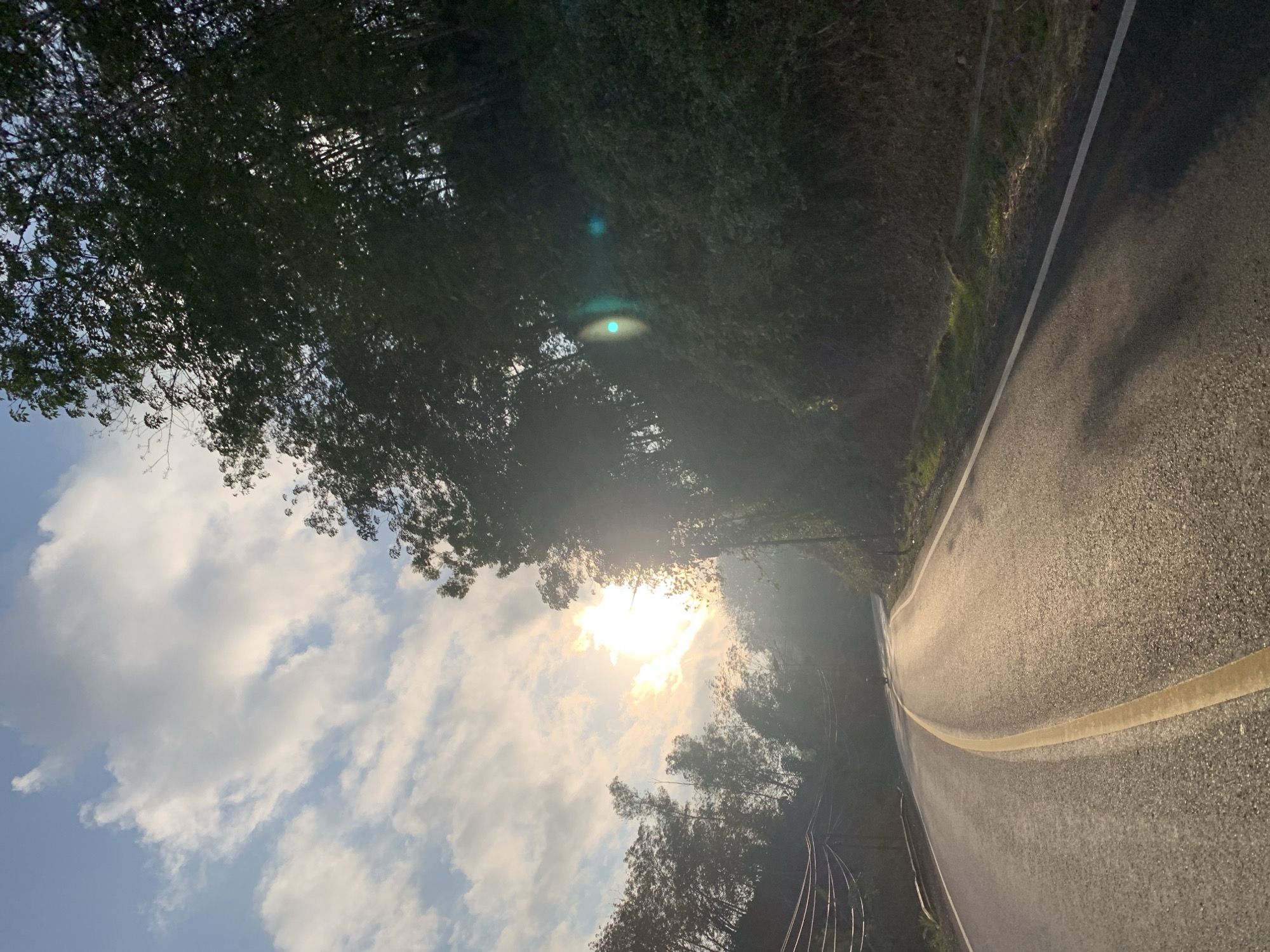 An asphalt road curves through a densely forested area in Panulisan Timur, Indonesia, under a bright, hazy sky. The sun shines intensely through the clouds, casting a warm glow and creating lens flare effects. Trees with dark green foliage line the right side of the road, with some appearing to be bamboo. Power lines are visible on the left side of the road, running along a slope. The road itself is marked with a solid yellow line down the center and a white line on the right edge. The surface of the road is wet in places, reflecting the sunlight. In the distance, a person on a motorcycle is visible on the road, heading away from the viewer. The overall impression is of a sunlit, natural landscape with man-made infrastructure.