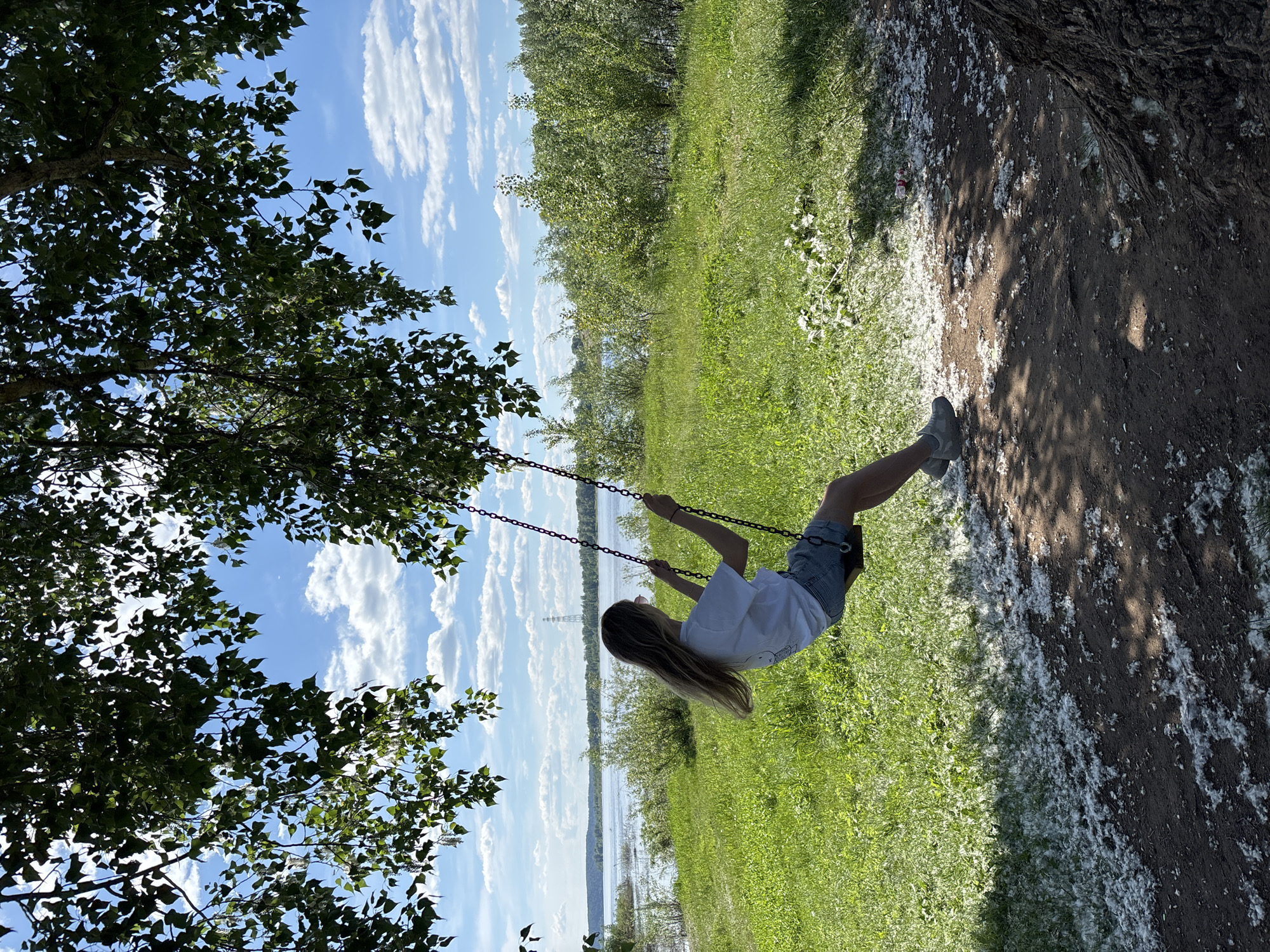 The scene, located in the city of Chaikovsky, Russia, displays a young female on a swing under a large deciduous tree on a bright, partly cloudy day. The individual, viewed from a rear-left angle, has long, light-colored hair and is wearing a white short-sleeved t-shirt, denim shorts, and light-colored athletic shoes. She is holding the dark metal chains of a swing, which is suspended from a prominent tree branch, and is in motion. The ground directly beneath the swing is a dirt path, heavily covered with scattered white poplar fluff, which extends into an adjacent area of vibrant green grass. In the mid-ground, a wide body of water, consistent with a river or large lake, is visible with subtle ripples on its surface. The far bank of the water features a dense treeline, and a tall lattice-structured electrical transmission tower is discernible against the horizon. The upper portion of the frame is dominated by the tree's green foliage, through which patches of blue sky and white cumulus clouds are visible. Shadows from the tree's leaves are cast upon the dirt path.