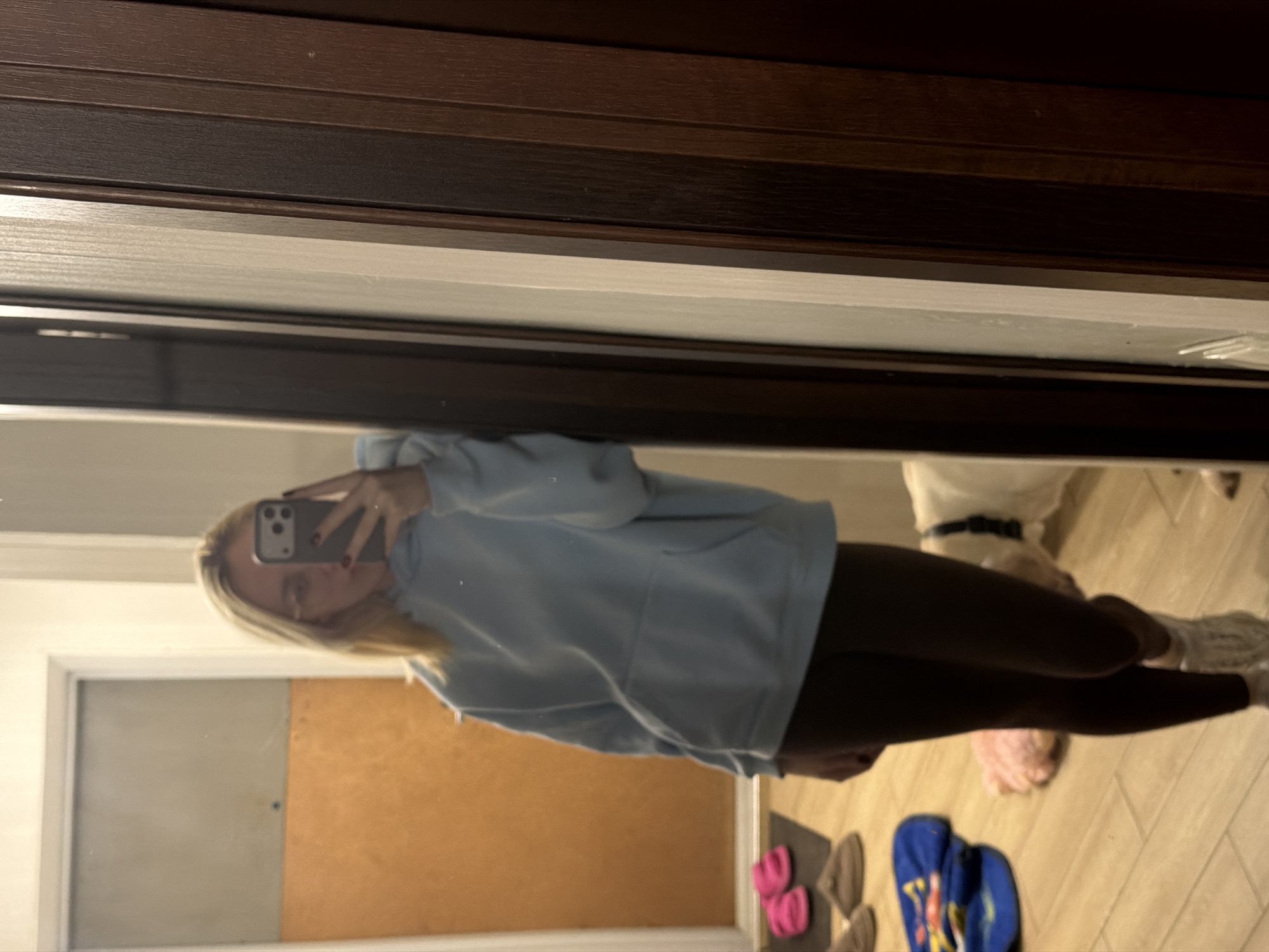 A woman is taking a mirror selfie in an indoor hallway. She is wearing a light blue hoodie, dark leggings, and white sneakers. She has blonde hair and glasses. A white dog is visible in the background, partially obscured by the woman's legs. Several pairs of slippers are on the floor. The hallway has wooden doors and a tiled floor. The location is not specified as Cheltuitori, Moldova.