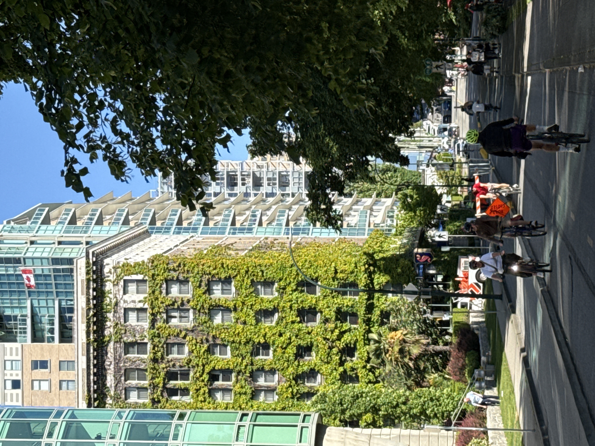 A view from street level captures a row of cyclists moving along a wide avenue in Vancouver, Canada. The primary focus is on the architecture, particularly a building densely covered in green ivy that forms an intricate pattern against its facade. Next to it is another taller building with a modern design featuring stepped balconies and windows. A Canadian flag is visible on one of the buildings. The sky is a clear blue, and the scene is partly framed by trees. The foreground contains a mix of vegetation and street elements, including sidewalks and traffic signs. Cyclists are riding in the dedicated lanes. Road closed sign is visible.