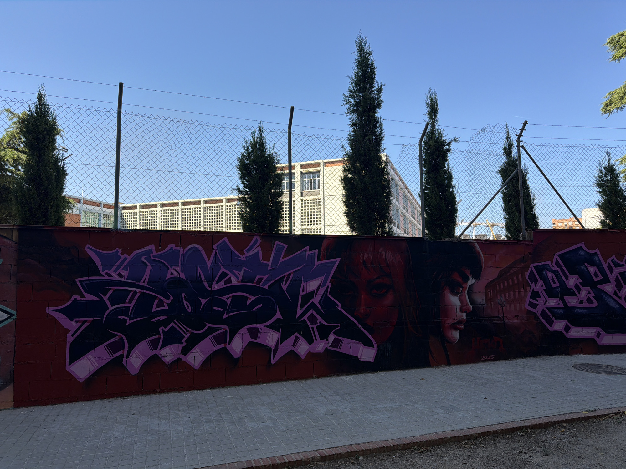 An outdoor shot shows a mural on a red brick wall, with a chain-link fence and a building in the background. The mural features graffiti lettering in purple and black, with highlights of pink. To the right of the graffiti, there's a portrait of a woman with red hair and dark eyes. The wall is bordered by a sidewalk made of gray tiles. The sky is clear and blue. The date "2025" is visible on the lower right side of the mural.