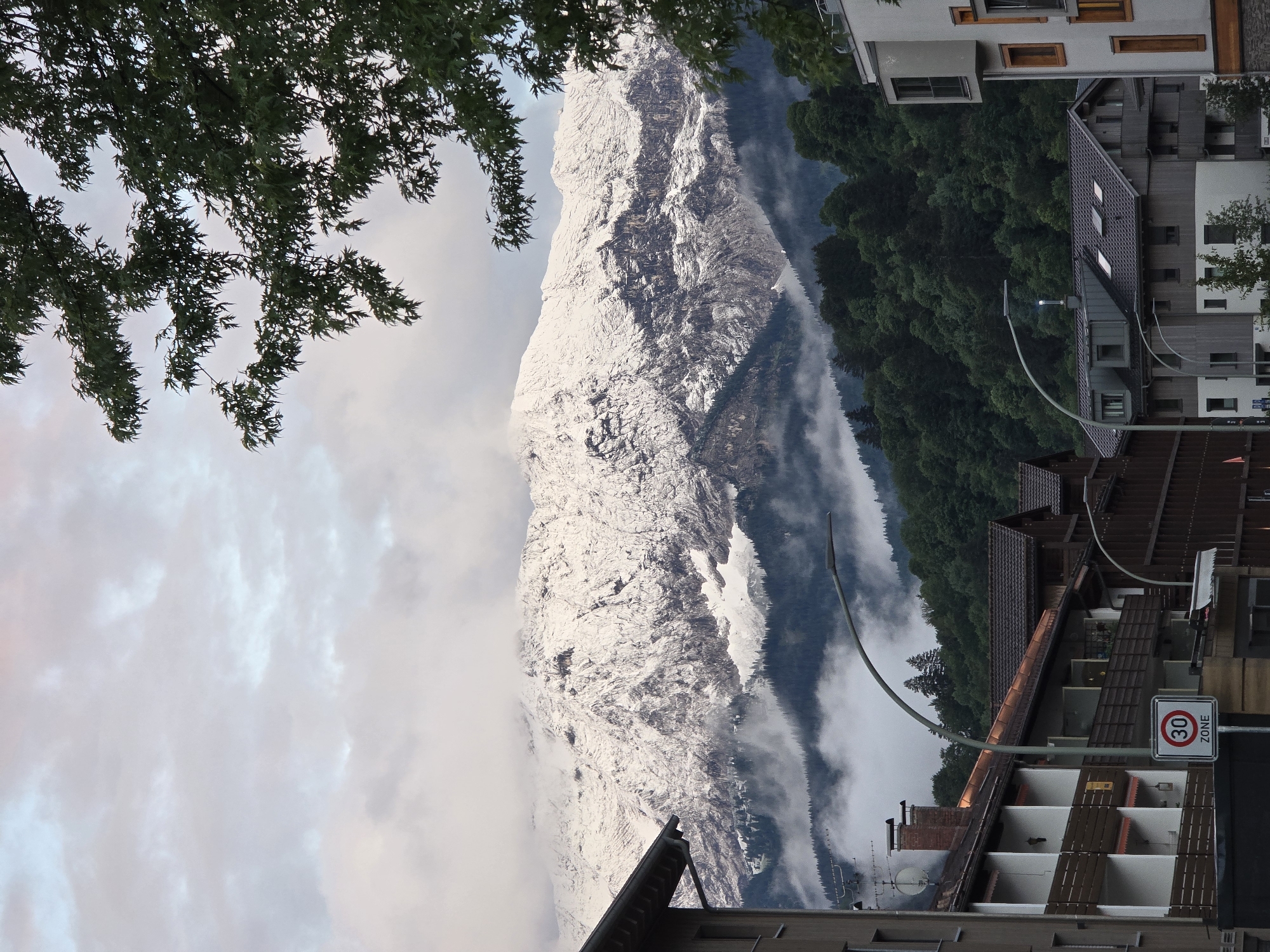 The photograph captures a view of the Zugspitze mountain range, a prominent natural landmark visible from Garmisch-Partenkirchen, Germany. The upper slopes of the mountains are covered in snow, contrasting with the dark green, densely forested lower slopes. Wisps of fog or low-lying clouds are present in the valleys between the forest and the snow-covered peaks.
In the foreground, there is a street scene with several buildings and infrastructure. A street light with a curved pole is visible, and a traffic sign indicating "30 ZONE" is mounted on a pole. The buildings appear to be a mix of residential and possibly commercial structures, with architectural features like balconies and multi-story designs. The style suggests a European alpine setting. A tree with dark green leaves branches into the upper right corner of the frame, partially obscuring the sky. The sky is overcast with pale pink and blue hues, indicating a likely dawn or dusk setting. There are no people or animals visible in the frame.