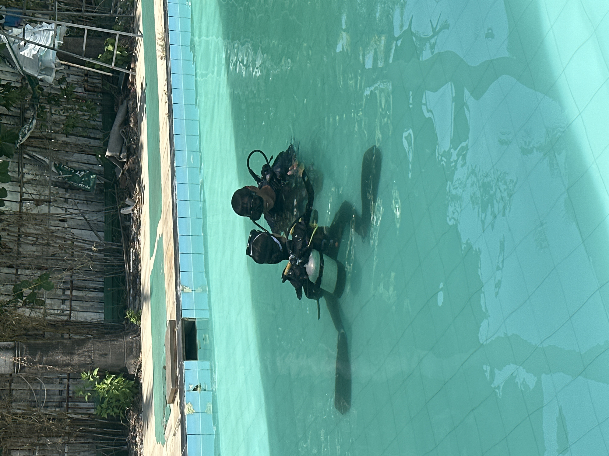 Two divers, equipped with scuba gear, are submerged in a swimming pool. The pool's tile pattern is visible through the water. To the side of the pool, a weathered wooden structure and some vegetation are visible. Nha Trang Ward, Vietnam is not determinable from this photo.