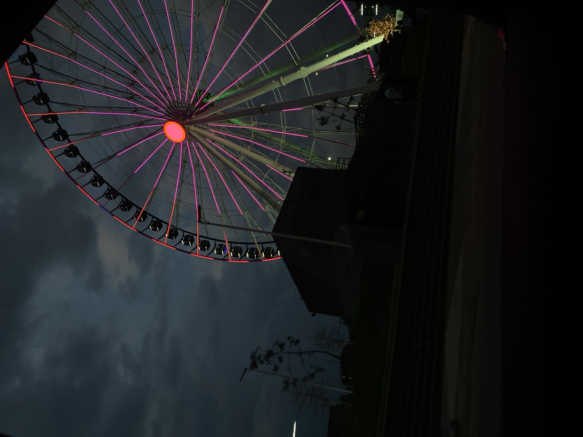 Captured from a low angle at night, the image prominently features a large Ferris wheel illuminated with pink, red, and green lights. The Ferris wheel is partially visible against a dark, cloudy sky. To the right, a structure, possibly a building, is partially illuminated, with trees silhouetted in front of it. The photo appears to be taken in an urban environment.