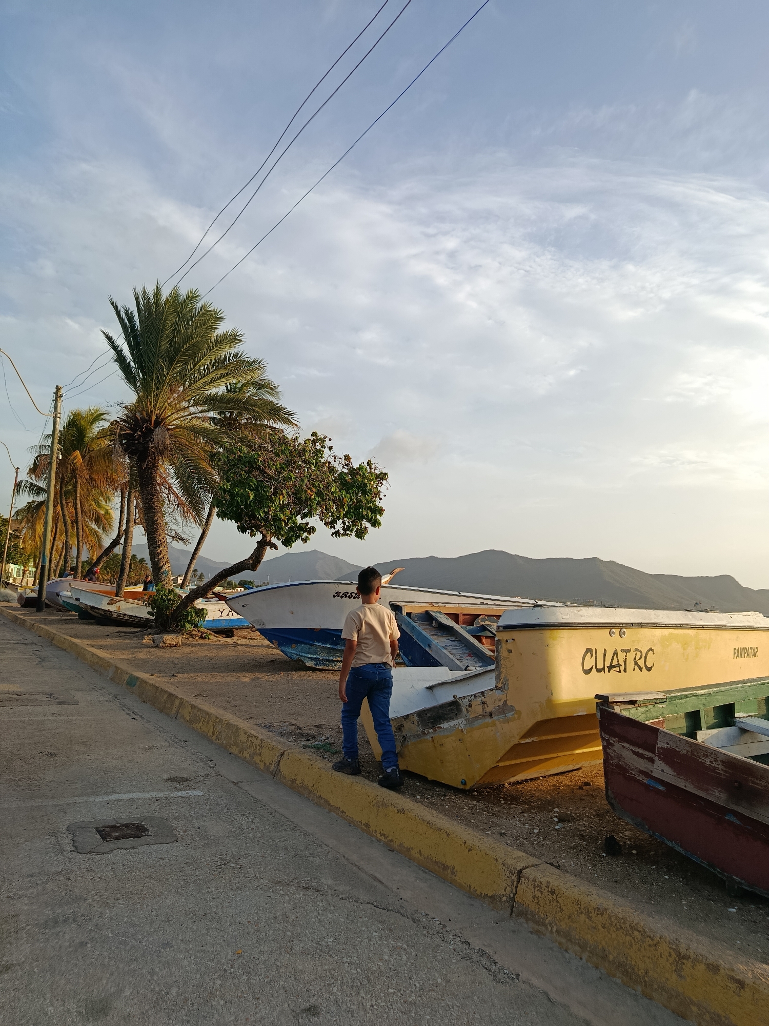 In Juan Griego, Venezuela, at sunset, a young boy stands on a dusty shore facing away from the camera, looking towards a line of beached boats. The boats, varied in color and condition, are arranged along a yellow curb and sandy area bordering a paved road. Among them, a prominent yellow boat with the name "CUATRO" visible, alongside another with "PAMPATAR" written on it, suggests a bustling maritime community. Palm trees and other vegetation frame the scene, with distant mountains forming a hazy backdrop against a sky filled with soft clouds and the glow of the setting sun. Power lines crisscross the upper portion of the frame, hinting at the proximity of urban infrastructure to this coastal landscape.
