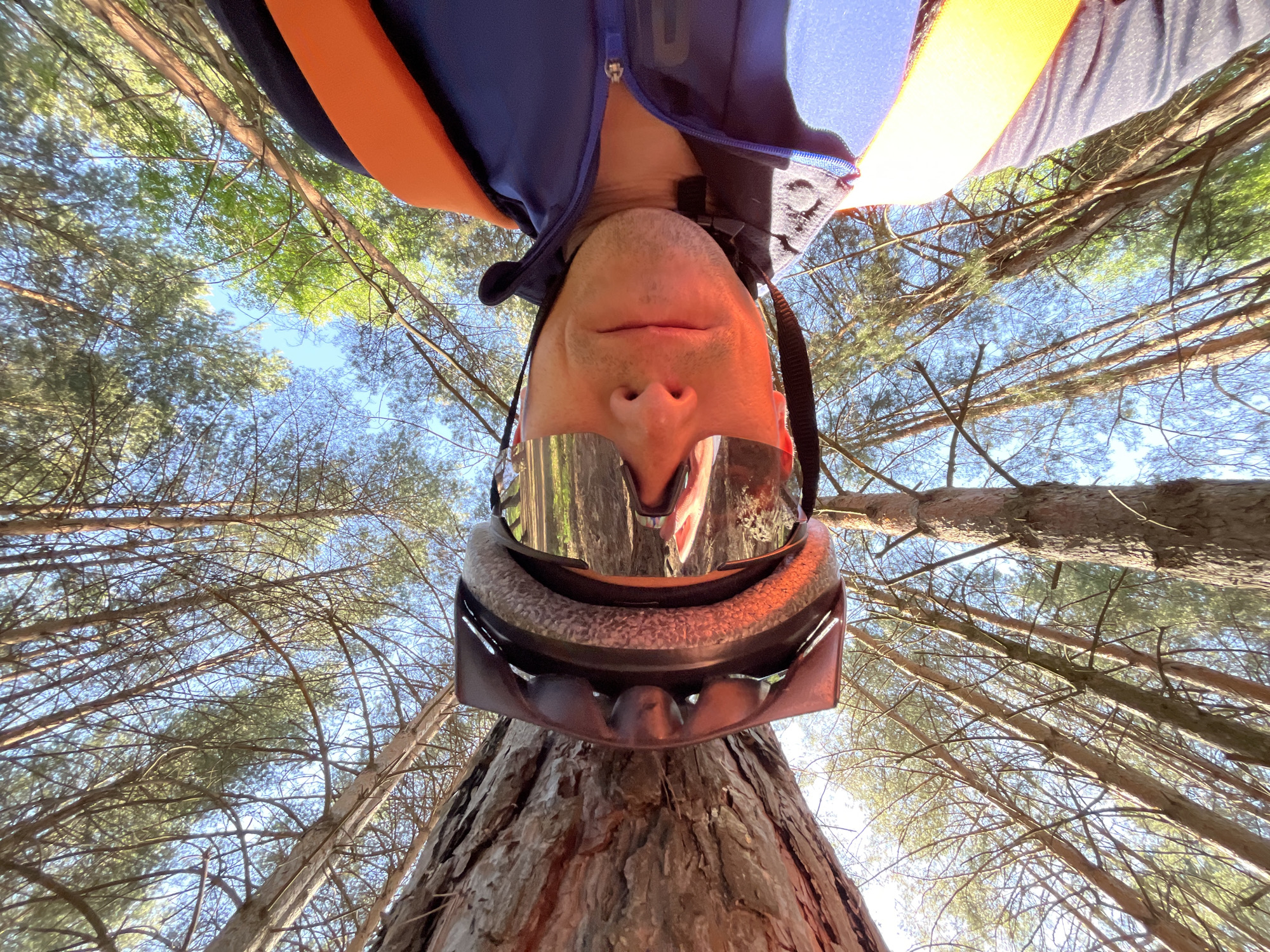 A low-angle, inverted view of a person wearing a helmet and reflective sunglasses, positioned against a backdrop of trees with visible blue sky peeking through the branches. The person is wearing a blue and orange jacket or vest. The base of a tree is visible just below the helmet. The location is in a forest. The city of Chaikovsky, Russia is not discernible from this image.