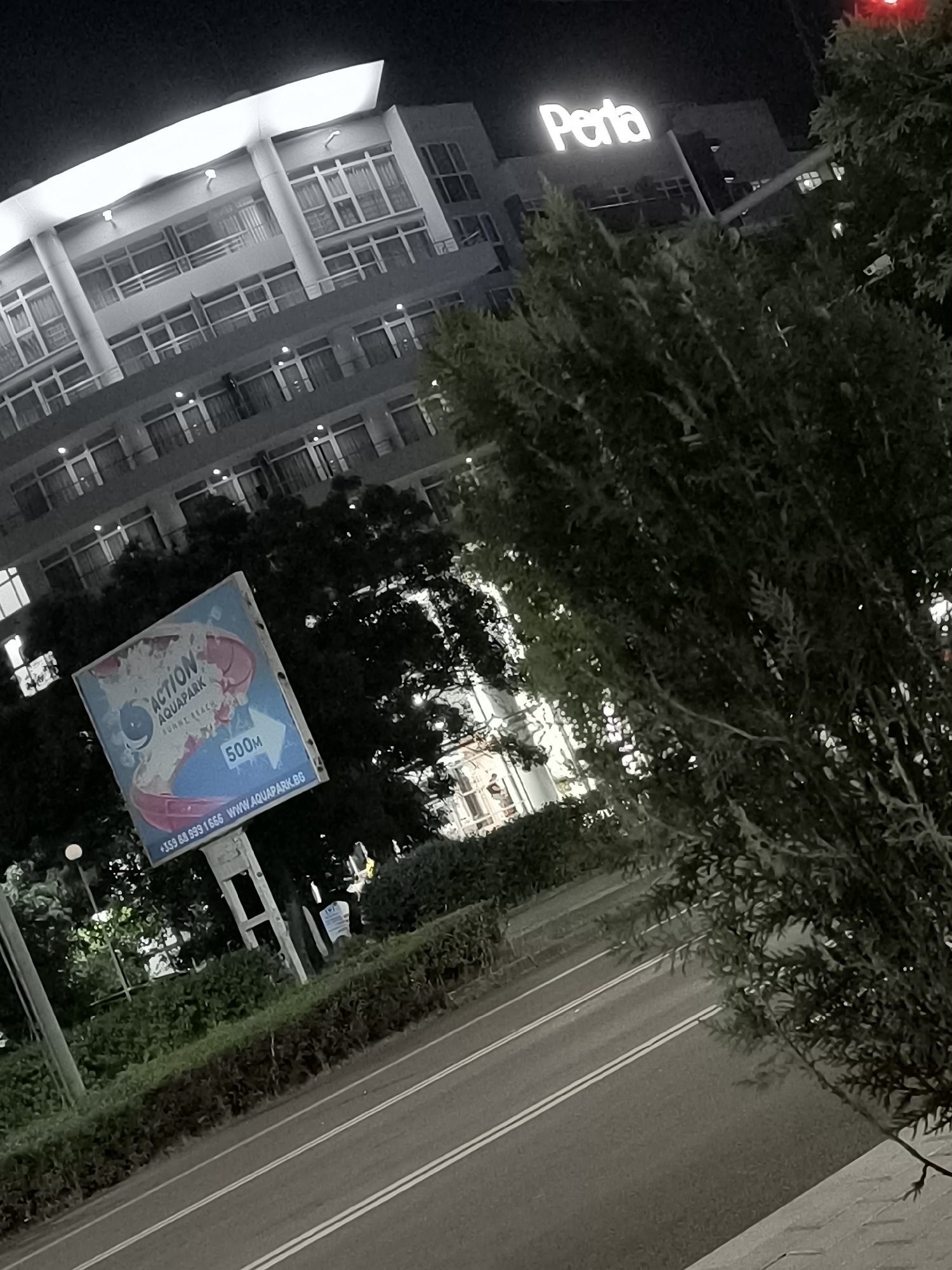 The image shows a nighttime view of a multi-story building with the illuminated sign "Perla" at the top, indicating it is likely a hotel or resort. In the foreground, a billboard advertises "Action Aquapark Sunny Beach" with a phone number and website address. A tall evergreen tree partially obscures the view of the building and billboard. The scene appears to be located in Nesebar, Bulgaria, given the prominent advertisement for Sunny Beach, a popular resort town in the region. The street in front of the building is visible, marked with white lines, suggesting an urban or roadside setting. The lighting suggests artificial illumination from the building and streetlights.