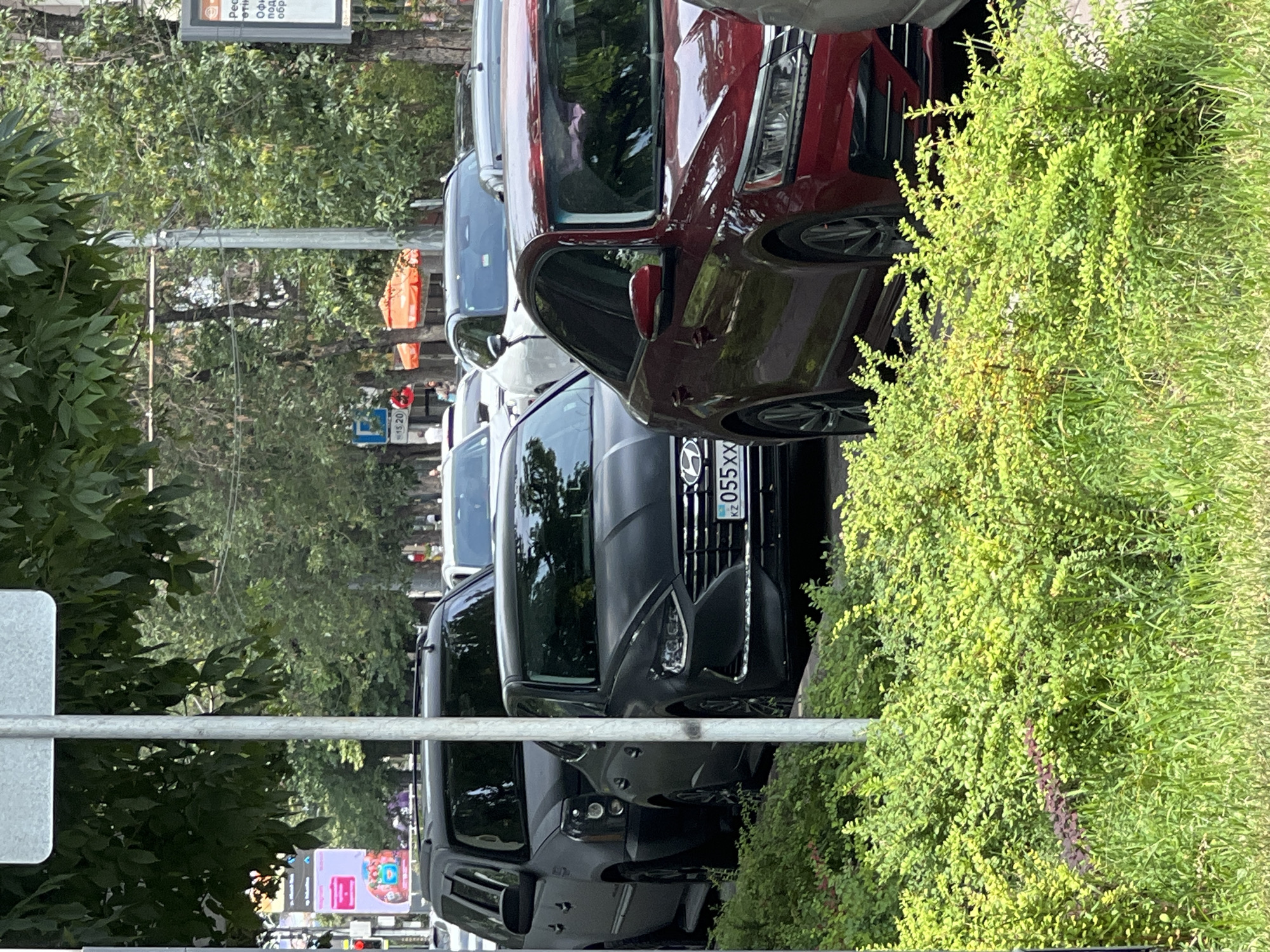 The image shows a line of parked cars along a street in Almaty, Kazakhstan. The cars are parked on the right side of the road, with lush green bushes and grass in the foreground. The scene is outdoors, and the lighting suggests it is daytime, with bright sunlight creating highlights and shadows on the vehicles.
Among the cars, a dark-colored sedan with a license plate starting with "KZ 055XX" is clearly visible. Behind it, a red car is parked, and further down the line, other vehicles are present, some partially obscured. The presence of multiple parked cars indicates a street or parking area that is likely in a populated urban or suburban environment.
In the background, trees with dense foliage are visible, suggesting a tree-lined street or parkway. Above the cars, a portion of a building or advertisement is visible, featuring text and images. One sign has a prominent pink rectangle with white text, and a blue "D" symbol. Another sign is a white rectangular board with some text and what appears to be an orange vest hanging from a pole.
The overall impression is a typical street scene in a city, with a focus on the parked vehicles and the natural elements surrounding them. The image does not depict any people or specific activities, but the presence of the cars implies that people are nearby, likely having parked their vehicles. The time of day appears to be late morning or afternoon, given the angle of the sun and the brightness of the scene. The weather seems to be clear and sunny.