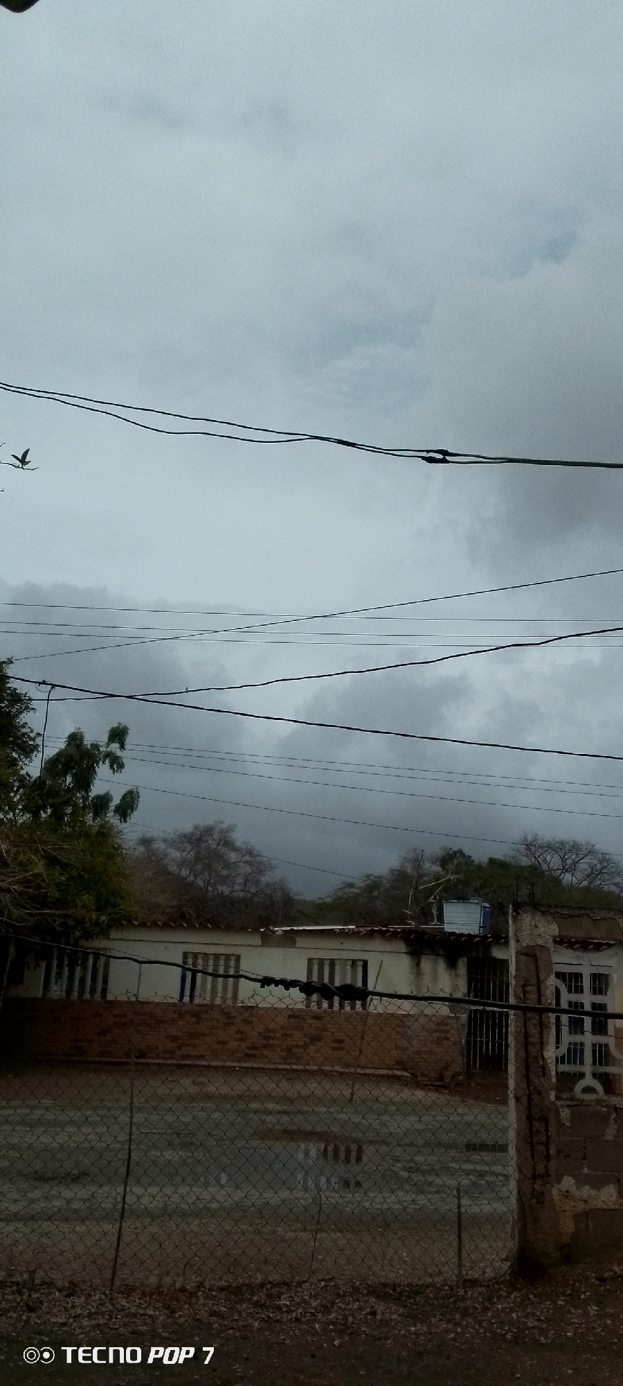 The photo shows a cloudy, overcast day in Altagracia, Venezuela. In the foreground, a chain-link fence obscures a puddle reflecting the building behind it. The building is a single-story structure with closed, barred windows. The building appears to be weathered, with some sections in disrepair. Overhead, several electrical wires cross the sky. A bird is visible flying in the upper left corner of the frame. Trees are visible behind the building.