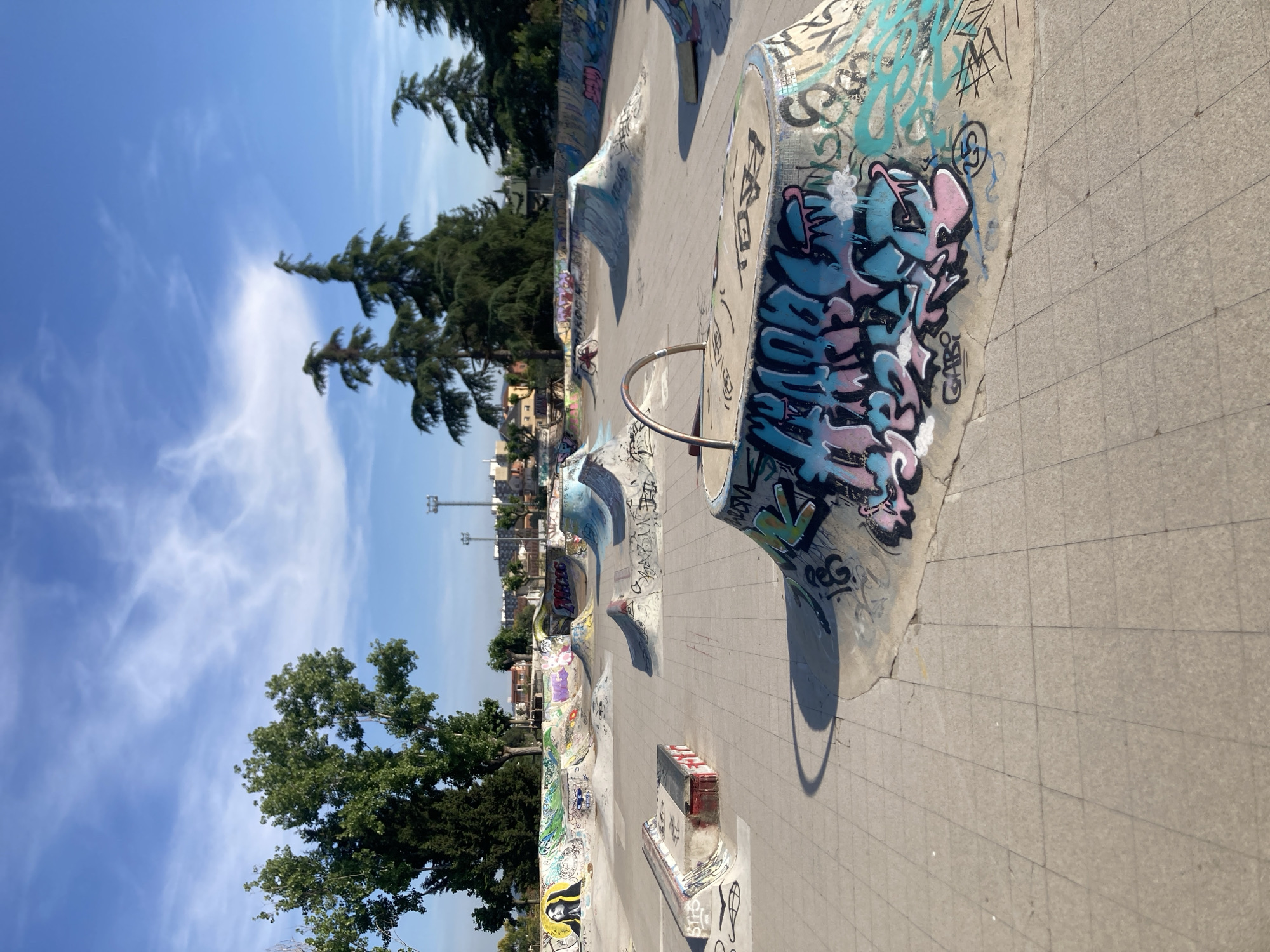 The image depicts a skatepark located in Badia del Vallès, Spain. The skatepark features concrete ramps, bowls, and other structures covered in graffiti. The ground is paved with square tiles. Trees are visible in the background, with buildings and streetlights further away. The sky is blue with some white clouds. The image appears to be taken during the day.