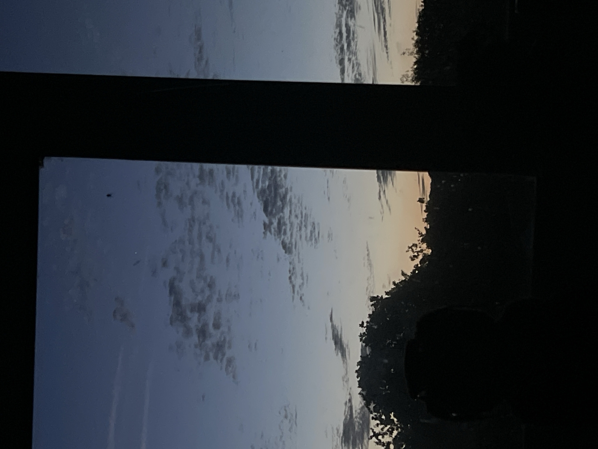 The image depicts a view through a window, likely at dusk or dawn, given the dim lighting and the gradient of the sky from deep blue to lighter hues near the horizon. A dark, silhouetted object, possibly a person's head or a statue, occupies the lower left portion of the frame. In the background, a line of trees forms a dark silhouette against the sky. The sky itself is scattered with light clouds. A thick, dark vertical bar dominates the right side of the image, suggesting it is part of the window frame or an interior structure. There are no discernible landmarks or context to pinpoint a specific location within Maidstone, United Kingdom.