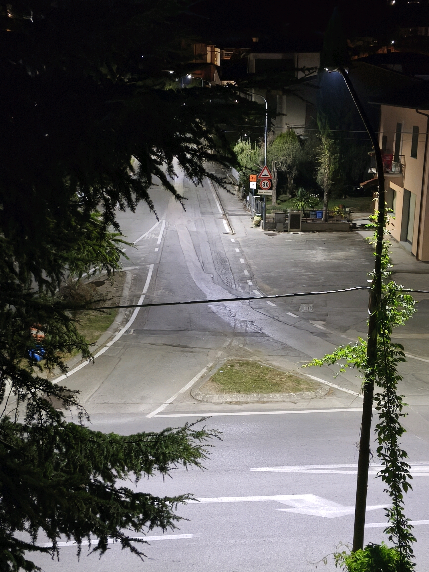 A nighttime, high-angle, wide shot captures a deserted road in Passignano sul Trasimeno, Italy. The asphalt road curves away from the viewer, illuminated by streetlights. White lane markings are visible. A triangular grassy median is situated in the middle of the road. On the left side of the road, a dark, leafy tree branch partially obstructs the view, its needles sharp and distinct. A traffic sign with a red circle and "30" inside is visible on the left side of the road, indicating a speed limit of 30 kilometers per hour. Buildings line the right side of the road, with a portion of a beige building visible, featuring balconies and windows. A dark, thin lamppost with a light at the top stands on the right side of the frame, with a vine growing up its pole. The overall scene is quiet and still, with no people or vehicles present.