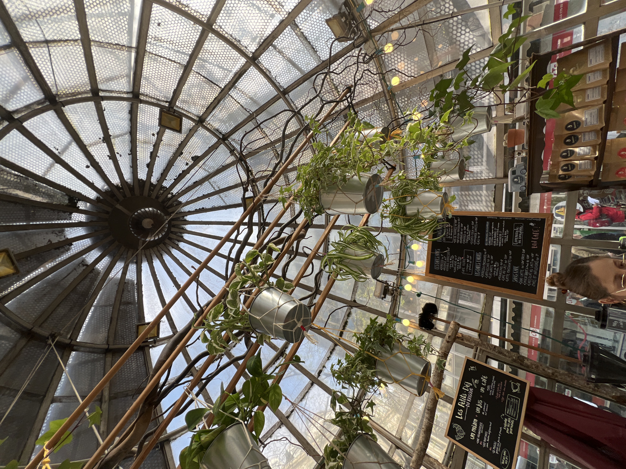 The image captures the interior of a glass-domed structure, possibly a café or restaurant, with a complex network of metal beams forming the dome's framework. Numerous hanging plants in silver pots are suspended from the beams, adding a natural element to the industrial-style architecture.
In the background, two chalkboard menus are visible, displaying items such as "Les Petits-Déj du kiosque" and a list of coffees, teas, and other beverages. Some customers are seen in the background, including one woman with her hair in a bun.
The environment appears bright and airy due to the natural light filtering through the glass dome. The style suggests a location in Strasbourg, France, potentially within a renovated or historical building, given the unique dome structure and the French signage.
