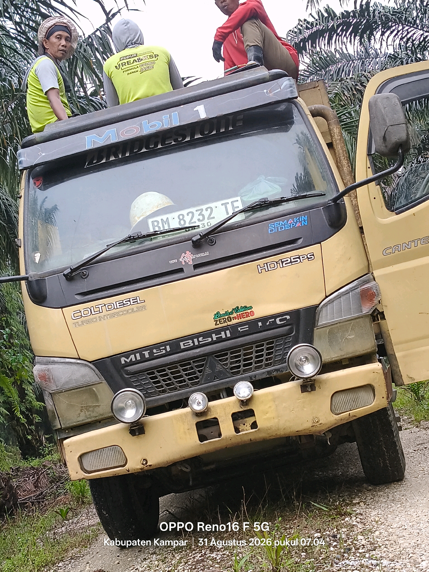 Three individuals are positioned on top of a yellow Mitsubishi Fuso truck, which is parked outdoors amidst a natural environment of palm trees and vegetation. The truck, with its front visible, is adorned with various stickers and markings, including "Mobil 1," "BRIDGESTONE," "COLT DIESEL TURBO INTERCOOLER," "HD125PS," "SEMAKIN DI DEPAN," and "MITSUBISHI BISHO." One person, wearing a light green shirt and a woven hat, is seated on the left side of the truck's roof, looking towards the camera. Another individual in a light green shirt with the text "PUPUK UREA&KSP" is seated behind the first person, facing away from the camera. The third person, wearing a red hooded jacket and dark pants, is seated on the right side of the truck's roof, facing away from the camera. The truck's headlights and grille are clearly visible. The background consists of lush green foliage, indicative of a rural or plantation setting, with a dirt or gravel road in the foreground. The image is a photograph, with text overlays at the bottom indicating "OPPO Reno16 F 5G," "Kabupaten Kampar," and "31 Agustus 2026 pukul 07.04."