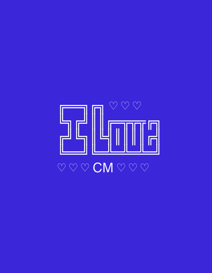 A bright blue background features white outlined block letters spelling "I LOVE" with six small hearts arranged around the word. Underneath the hearts, the letters "CM" appear between two more hearts. The text and hearts are centered on the image, with ample space above and below. The design has a clean, minimalist aesthetic.