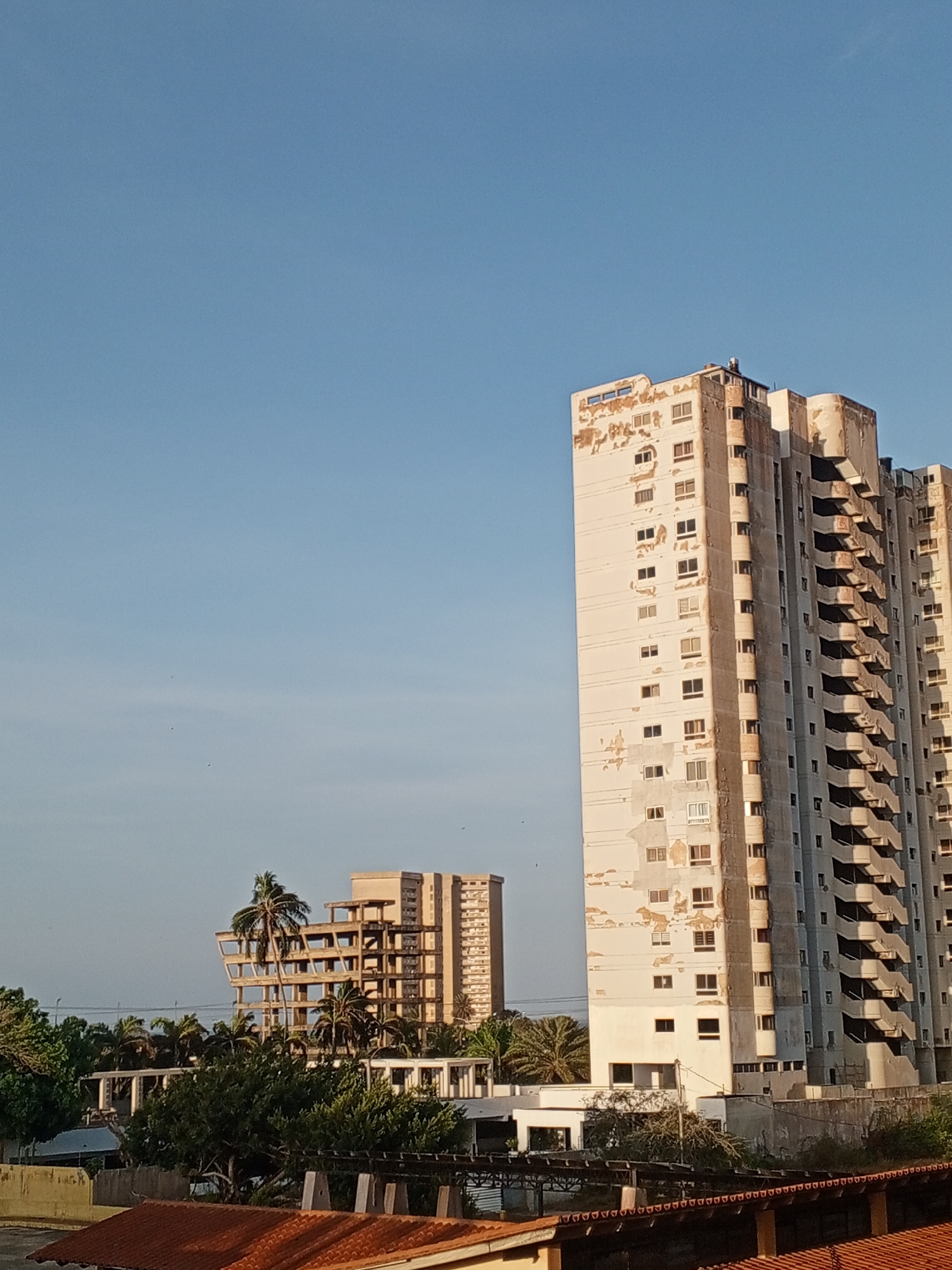The image depicts unfinished or abandoned buildings in Porlamar, Venezuela, under a clear blue sky. The most prominent structure is a tall, weathered building with numerous windows and visible signs of decay. Another partially constructed building is visible in the background, interspersed with palm trees and other vegetation. Rooftops of adjacent structures, possibly residential, are also present in the foreground. The buildings appear to be deserted, lacking any visible human activity. The overall scene suggests urban decay or economic hardship.
