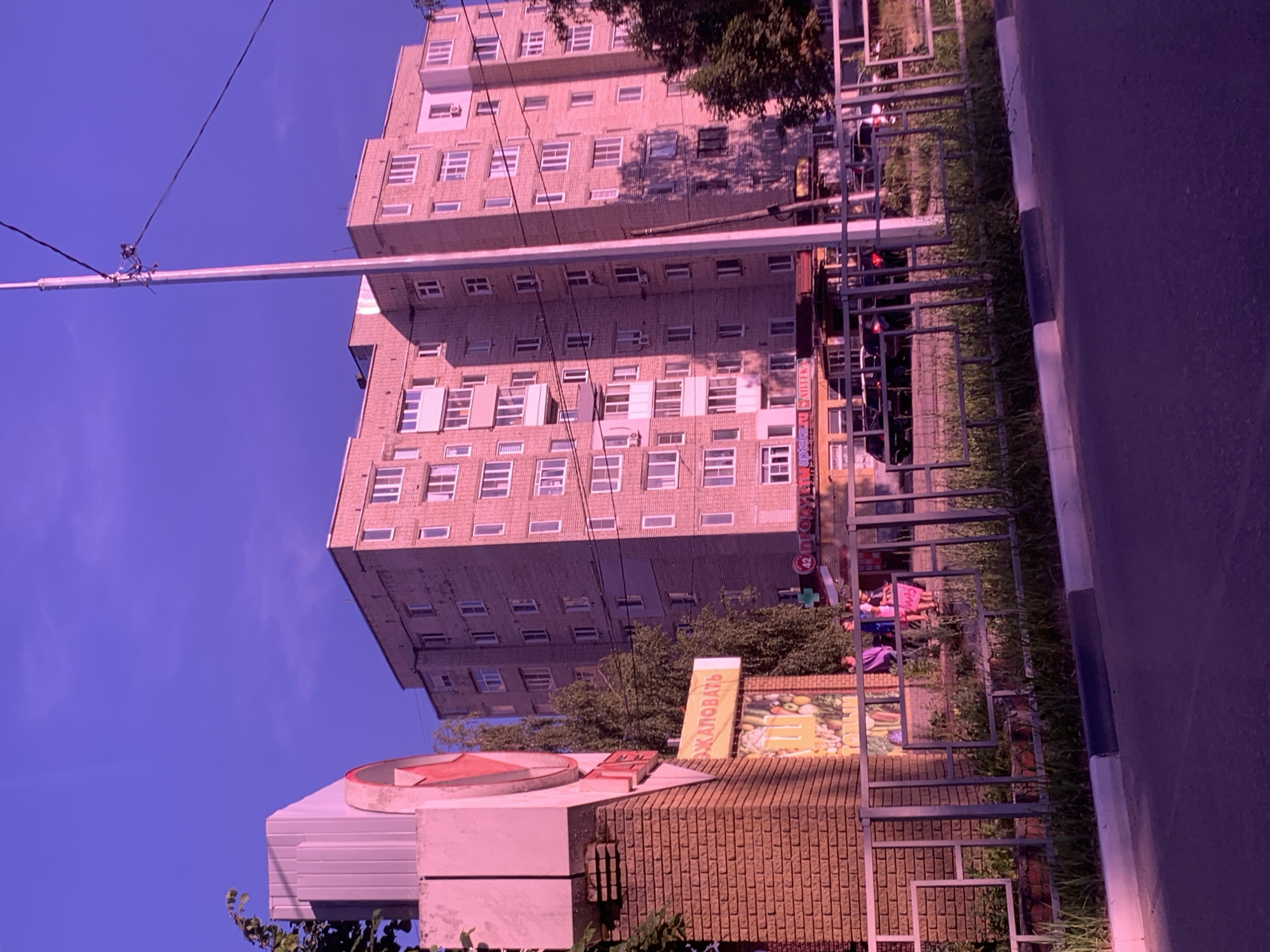 The image depicts a street scene in Pavlovo, Russia, with a tall, multi-story brick apartment building dominating the background. The sky is a deep, saturated blue with hints of purple, suggesting either twilight or an unusual lighting condition. A large, pinkish-red sign with Cyrillic text, reading "ЖАЛОВАТЬ", is prominent on the left side of the frame, attached to a brick structure. Adjacent to this sign is a smaller advertisement featuring an illustration of vegetables.
In front of the apartment building, a metal fence runs across the middle ground, separating the sidewalk from a grassy area. Several people are visible behind the fence, seemingly standing or walking. One person on the left is wearing a purple top, and another on the right is wearing a pink dress. Cars are parked or driving on the street in front of the buildings, with headlights illuminated. A utility pole with wires stretches vertically through the center of the image. The overall impression is that of a typical urban environment with a slightly surreal color cast.