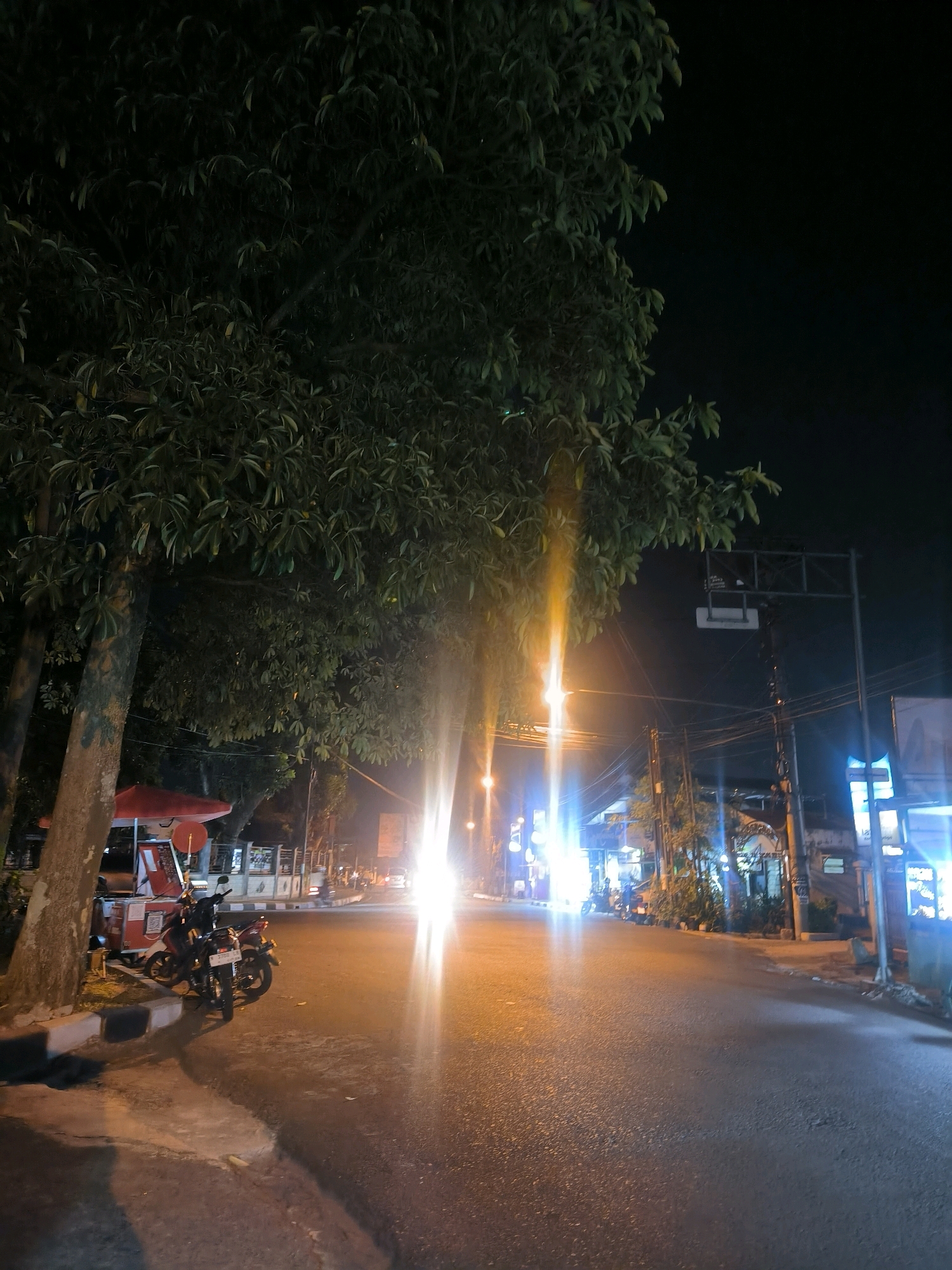 The image shows a street scene at night in Salatiga, Indonesia. A large tree with dark green leaves dominates the left side of the frame, its trunk appearing rough and textured. Next to the tree, a red and white food cart is visible, with a small motorcycle parked in front of it. The street is paved and reflects the bright lights from various sources, including streetlights, shop signs, and vehicles. The lights create a strong lens flare effect, blurring some areas and giving the scene a dynamic, almost ethereal quality. Buildings with illuminated signs line the right side of the street, suggesting a commercial area. The sky is dark, typical of a night scene. There are no people clearly visible in the image, though the presence of parked motorcycles and the illuminated buildings implies activity in the vicinity. The overall atmosphere is one of a quiet, yet lit, urban environment at night.