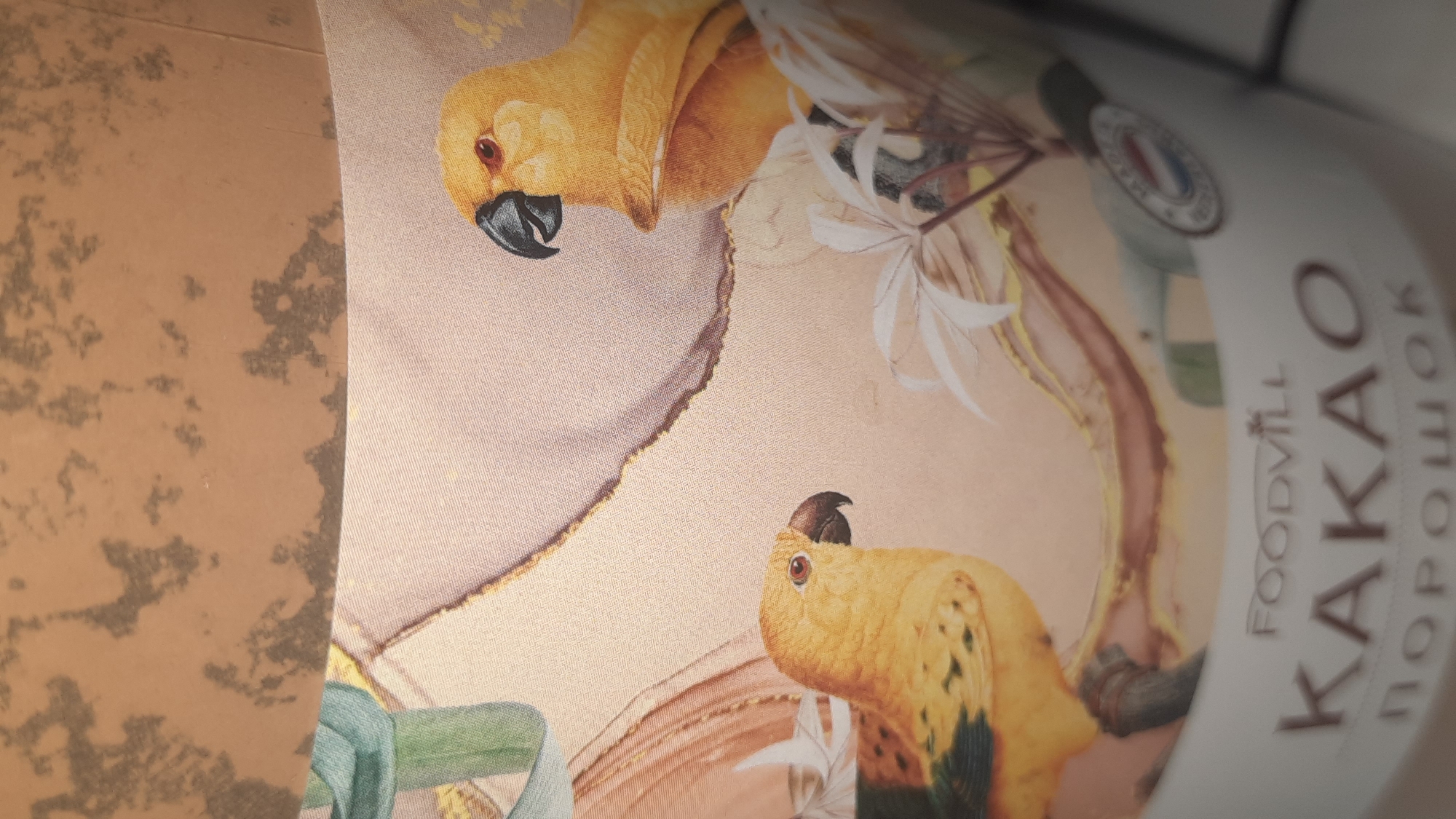 The image shows a close-up of a product packaging, likely a container for cocoa powder, decorated with an illustration of two yellow parrots and floral elements. The text on the packaging is partially visible and reads "FOODVILL KAKAO ПОРОШОК", indicating the brand and product type. There are no people, specific landmarks of Шклоў, Belarus, or discernible environmental details that would help to locate the scene within the city. The lighting is ambient, and the focus is on the product design.