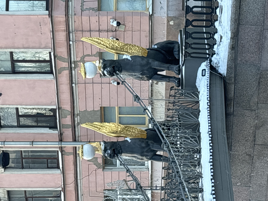 The image displays a daytime winter scene at the Bank Bridge (Bankovsky Bridge) over the Griboyedov Canal in Saint Petersburg, Russia. Two dark grey cast-iron griffin statues are prominently featured in the foreground, each possessing large, upward-sweeping golden wings. A white spherical lamp with a golden decorative cap is mounted atop each griffin's head. Heavy metal chains extend from the mouths of both griffins, forming part of the bridge's railing system.
A light accumulation of snow is visible on the upper surfaces of the ornate dark metal bridge railing and the backs of the griffins. The bridge deck, also covered in a thin layer of snow, features decorative white string lights. Below the bridge structure, a section of grey granite embankment is visible.
In the background, a multi-story building with a faded pink facade is present, featuring numerous dark-framed windows. Some flaking paint and weathering are apparent on the building's exterior. A slender grey pole, likely a streetlight, rises between the two griffin statues. No individuals are visible in the scene.