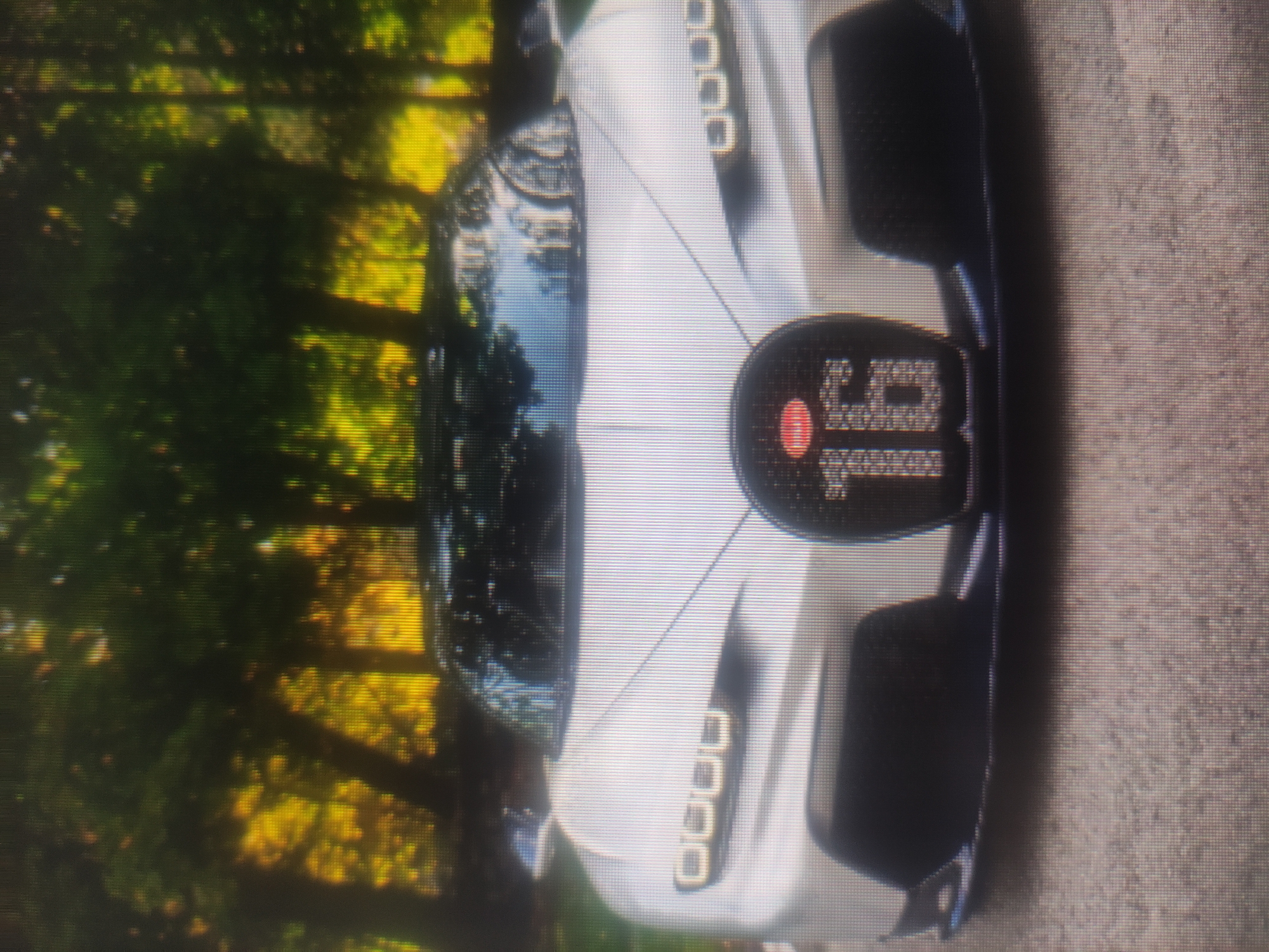 A front-facing, low-angle shot captures a white Bugatti Chiron Super Sport 300+ parked on a paved surface. The car's distinctive grille features a red oval Bugatti logo with the numerals "16" illuminated in white. The car's headlights are also illuminated with a square, segmented pattern. Behind the vehicle, a blurred backdrop of trees with autumnal foliage suggests the location is outdoors, possibly in a park or natural setting within Baku, Azerbaijan. The overall lighting is soft and diffused, indicating an overcast day or late afternoon.