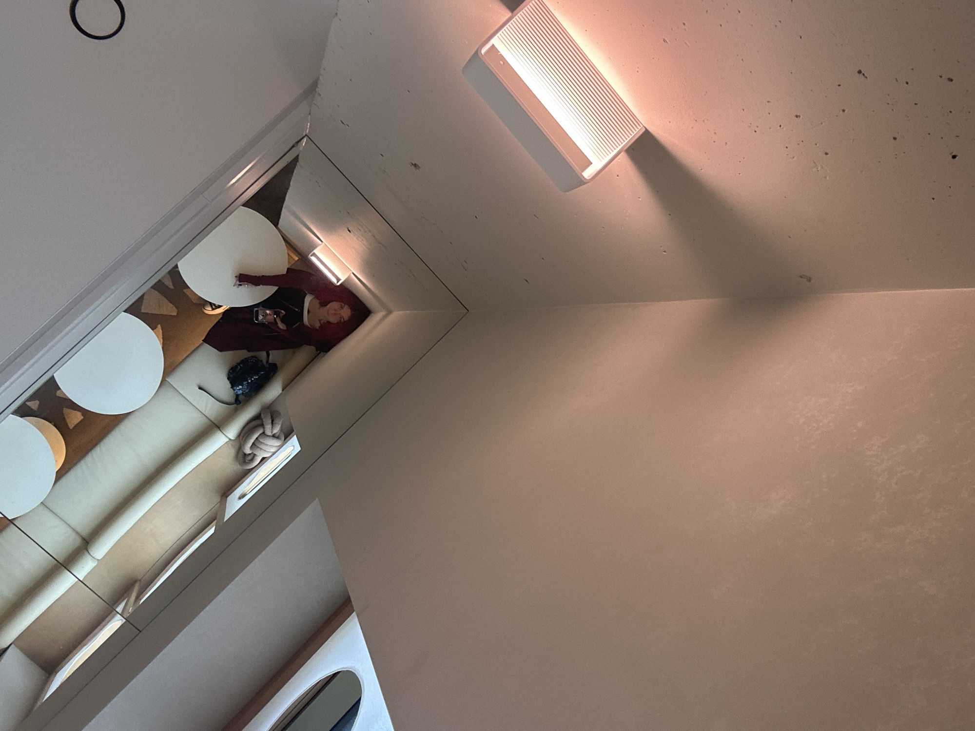 The image shows an interior space. A mirrored wall reflects a lounge area with white circular tables, a white sofa, and decorative elements like a rope knot. A person with reddish hair is sitting at one of the tables. The ceiling features a rectangular light fixture, casting light on the space. Without additional context or clues, it is impossible to confirm the location as Novosibirsk, Russia.