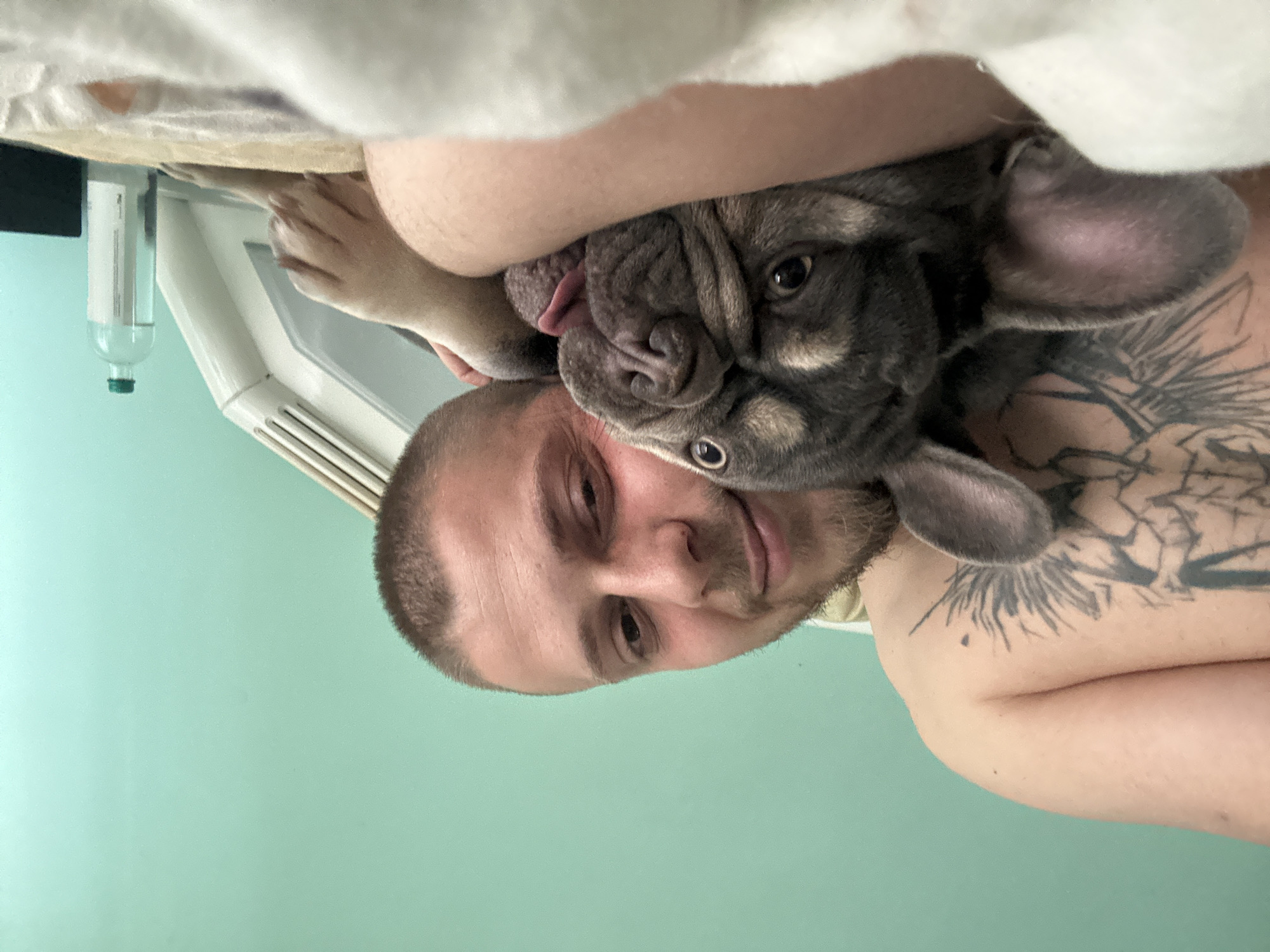 In an indoor setting with a light green wall, a bare-chested man with tattoos on his chest and shoulder lies on his side, embracing a French bulldog. The man's face is partially visible as he looks towards the camera with a slight smile. The dog, with its tongue slightly out, is nestled against the man's chest, its head resting on his arm. The scene is set on a bed with white bedding, and to the right, a white heating unit, a clear plastic water bottle, and a dark object are visible. The focus is on the man and the dog in an intimate moment.