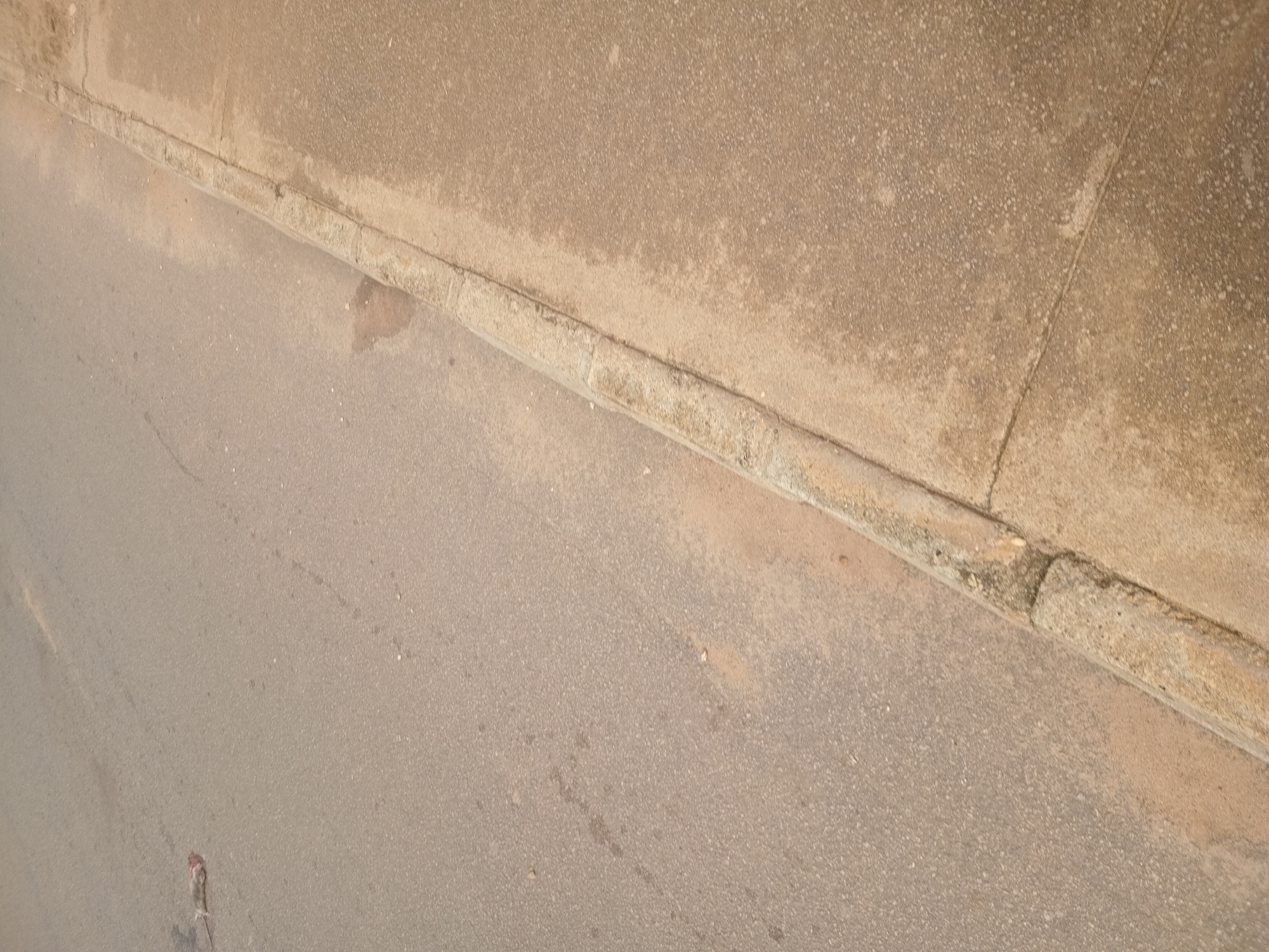 A dead rat lies on the asphalt road near the curb in Bukuru, Nigeria. The rat is light-colored with reddish-brown markings and appears to be flattened, suggesting it may have been run over. The road surface is a mix of asphalt and dirt, with some debris scattered around. The concrete curb is visible along the right side of the image, separating the road from a sidewalk or shoulder. The lighting suggests it is daytime, with overcast or diffused sunlight. There are no other visible subjects or objects in the immediate vicinity.