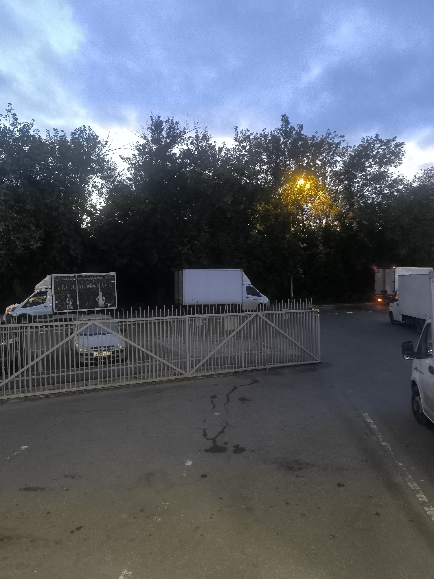 In Pushkino, Russia, a street scene unfolds under a cloudy dusk sky, with trees forming a dark silhouette against the horizon. A bright street lamp casts a warm glow through the foliage. In the foreground, a large, light-colored metal gate stands partially open, revealing a paved area beyond. A light-colored car is parked inside the gated area, its license plate obscured by the gate's bars.
Outside the gate, a white delivery truck with graphics on its side is parked. Further down the road, several other white trucks are visible, some of which appear to be parked or moving slowly. The road surface is asphalt, with some visible cracks and dark stains. The overall atmosphere suggests a commercial or industrial area at the end of the day.