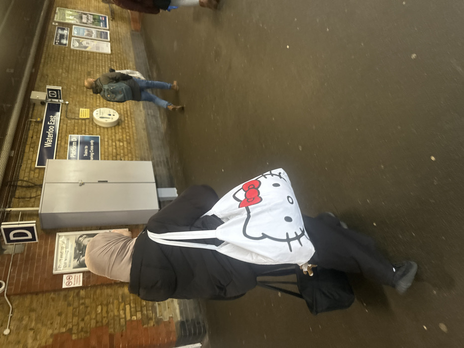 The image depicts a train station platform at Waterloo East, London, United Kingdom. The environment features light brown brick walls, a dark, wet-appearing concrete floor, and overhead metallic structures. Prominently displayed signs identify "Waterloo East" and "Platform D," indicating "Trains to Charing Cross only." A large grey utility cabinet and a circular emergency point are fixed to the wall.
In the foreground, a person is seen from behind, walking towards the right. They wear a light beige hijab, a black hooded puffer jacket, black trousers, and black sneakers. They carry a large white tote bag on their right shoulder, featuring a black outline of Hello Kitty's face with a red bow. A smaller black bag is suspended from their left arm.
In the midground, to the right, a man walks in the same direction, wearing a dark jacket, blue jeans, and brown boots. He has a light blue backpack and holds a white plastic bag in his left hand. The lower section of a third individual is visible on the far right, wearing dark trousers and brown boots. All visible individuals are in motion, traversing the platform.