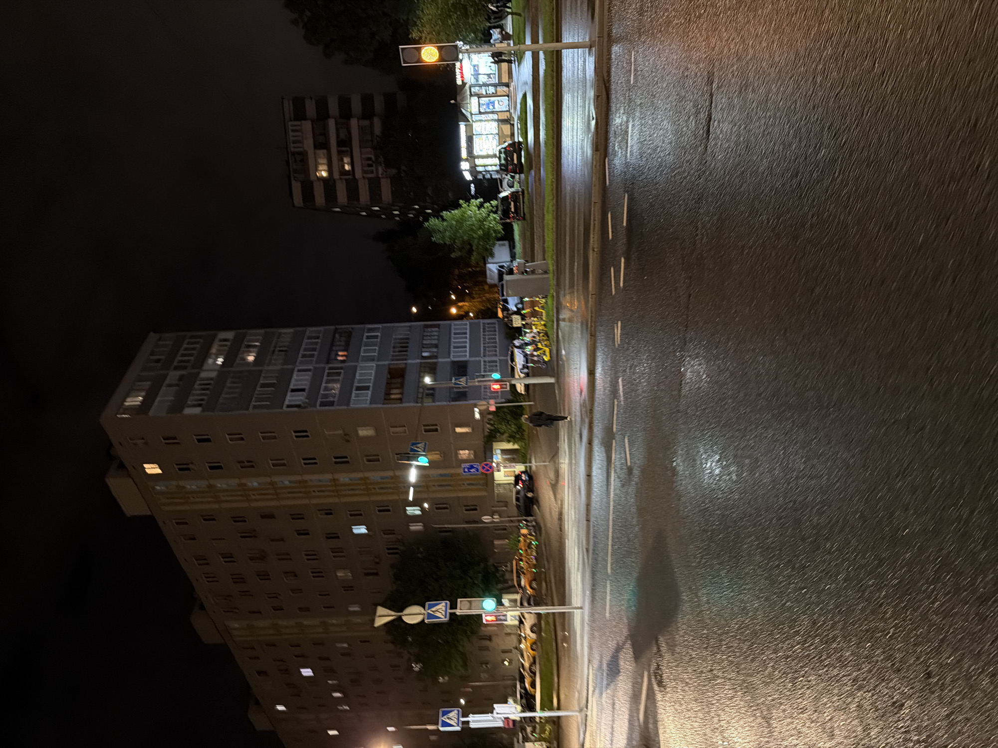 A night view in Moscow, Russia shows a wet asphalt road alongside tall apartment buildings and streetlights. The road surface reflects the streetlights, and light from buildings. One pedestrian is visible on the right side of the road. Several traffic signals are visible. A yellow traffic light is at the top of the image.
