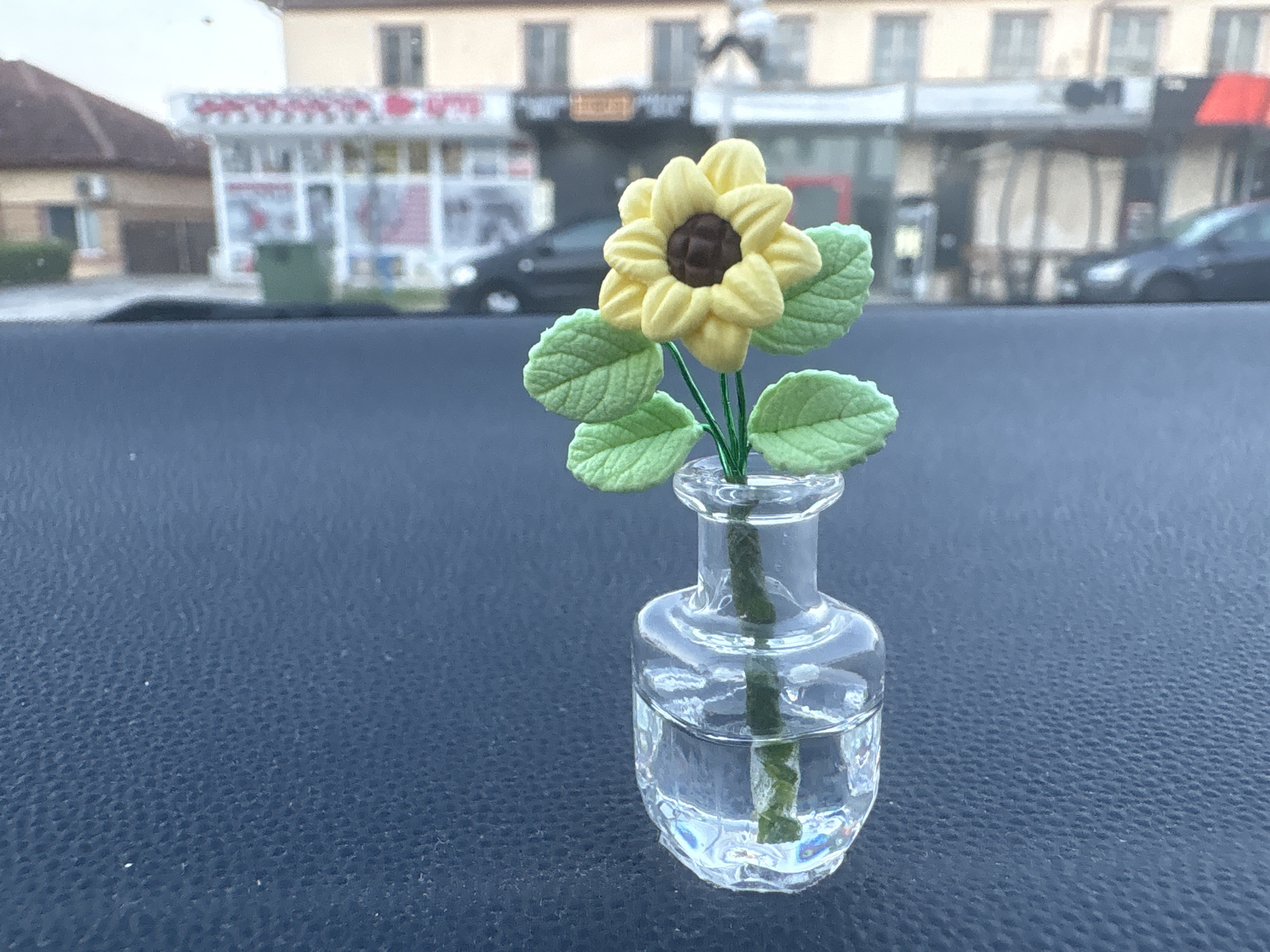 A miniature faux sunflower in a clear glass vase filled with water sits on a dark, textured surface, likely the dashboard of a vehicle. The sunflower has yellow petals and a brown center, with green leaves attached to a thin green stem. The background is out of focus but shows buildings, a green trash can, and a dark-colored car parked on a street. The scene appears to be set in Tervel, Bulgaria, as suggested by the architecture and the presence of a parked vehicle. There are no people visible in the image.
