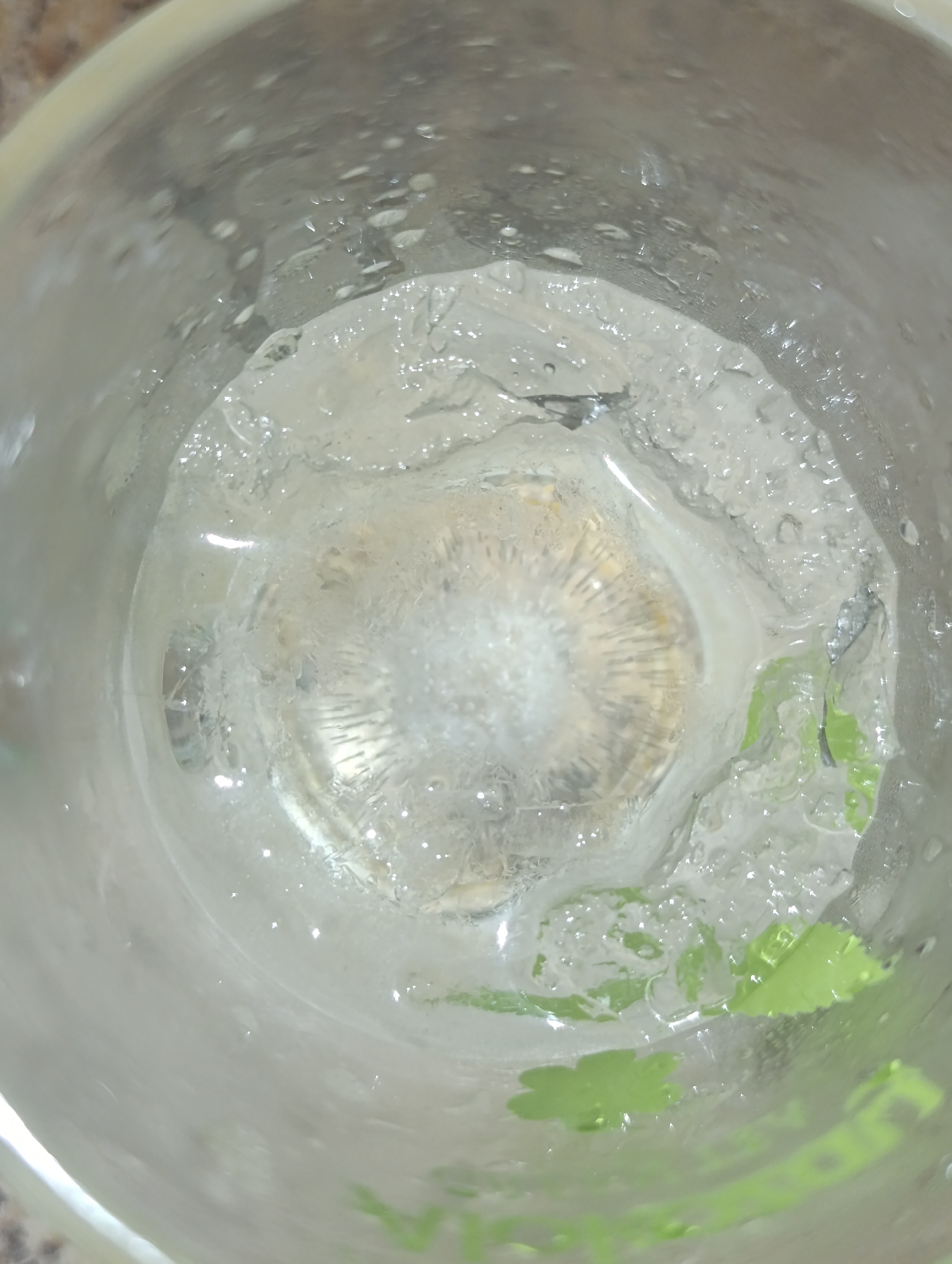 A top-down, close-up view inside a clear glass containing a beverage with ice and green leaves. The ice is fragmented and covers most of the liquid. In the center of the glass, a large piece of ice shows a sunburst-like pattern with radiating lines. Small bubbles are visible within the ice. Green leaves, appearing to be mint or a similar herb, are submerged in the drink on the right side of the glass. The glass itself is cylindrical and made of clear material, with condensation visible on the interior surface. The background is blurred and appears to be a countertop. The image does not provide any information about a specific city or location.