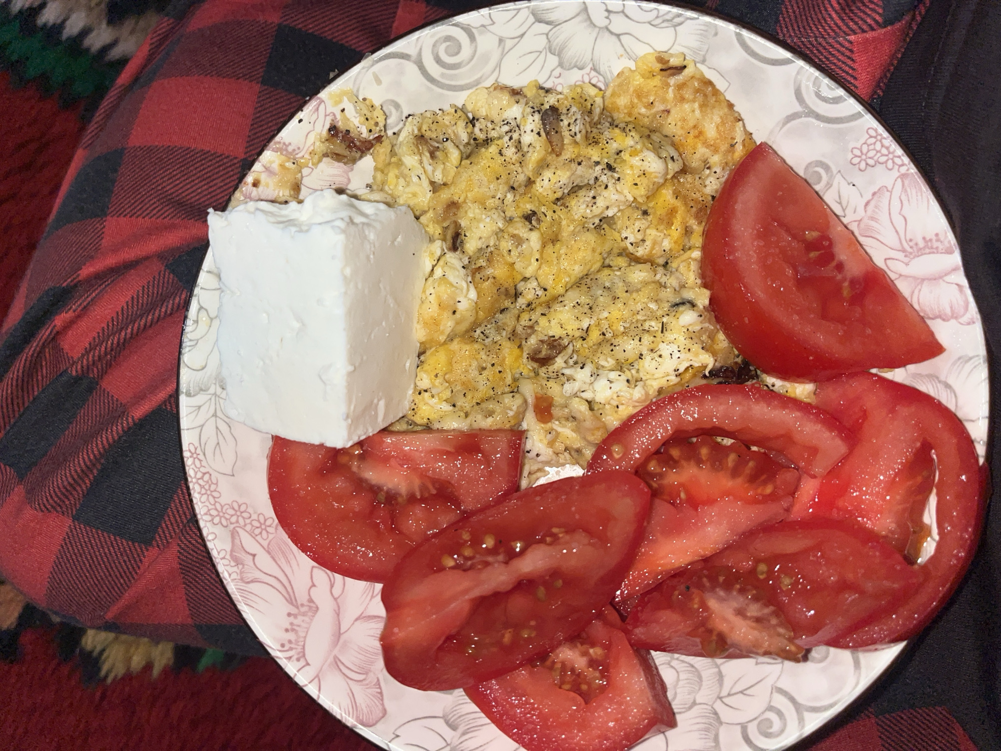 A plate of food rests on a person's lap, likely indoors. The plate contains a large cube of white cheese, scrambled eggs with black pepper, and sliced tomatoes. The plate has a floral pattern. The person is wearing red and black plaid clothing. The location is unknown.