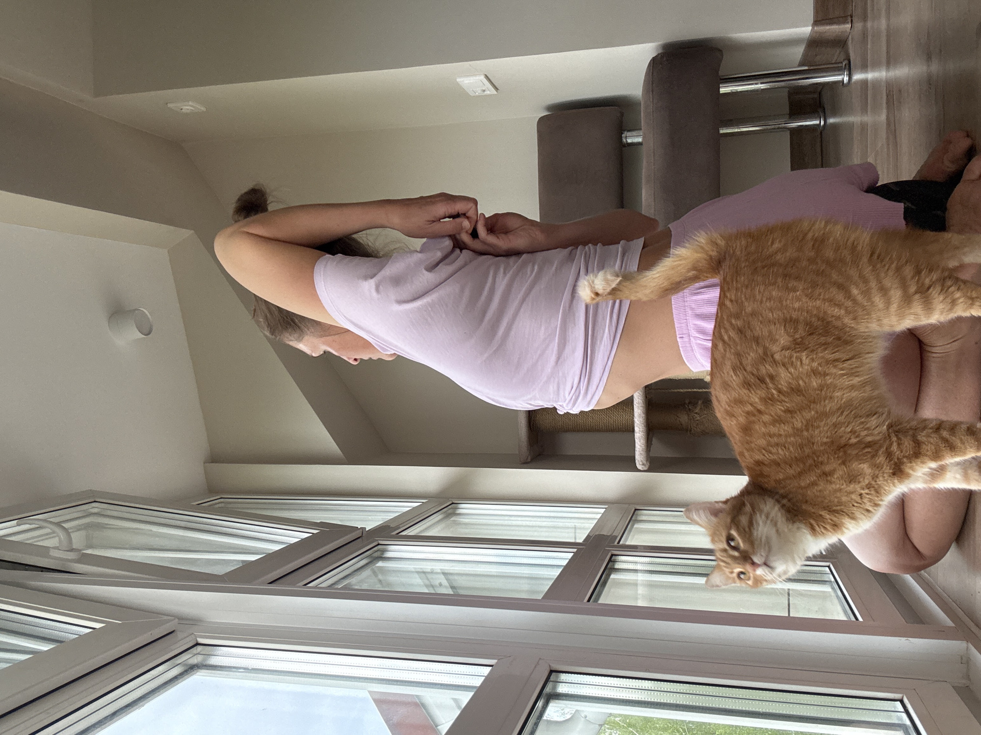A woman in a light purple T-shirt and pink shorts sits on the floor with her knees up near a white-framed window. A tabby cat with orange fur stands on the woman's lap and looks towards the window. A cat tree is behind the woman and to her left. A beige upholstered headboard is behind the woman and to her right. The location is potentially Chaikovsky, Russia.