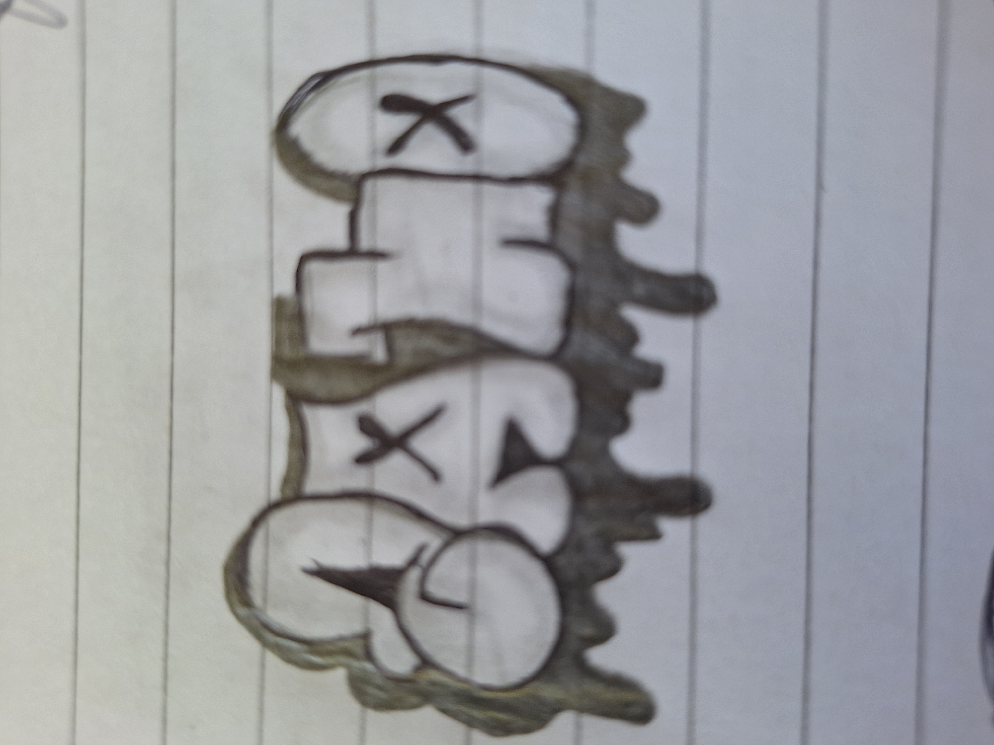 This is a photograph of graffiti on a lined notebook page. The graffiti appears to be bubble letters spelling out a word, with a drip effect at the bottom. The letters are outlined in black and filled with a lighter color, possibly white or light gray. There are black accents within some of the letters, resembling "X" shapes. The background is the lined paper of the notebook. There is no indication of this image being located in Varna, Bulgaria or any specific city.