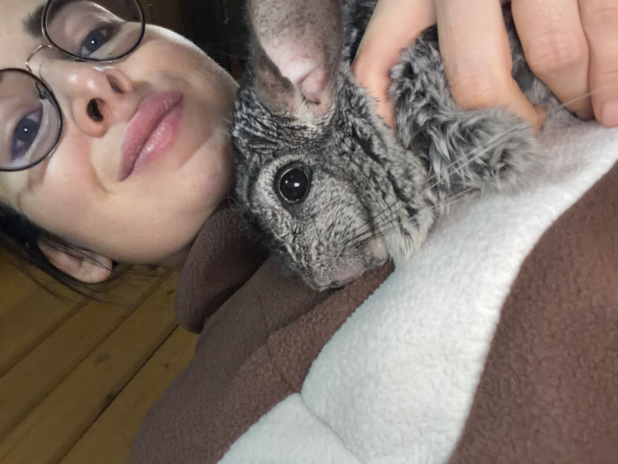A woman wearing round glasses is holding a chinchilla close to her chest. The woman is wearing a brown and white garment. The background is slightly blurred and shows wooden planks. The location is not identifiable from this image.