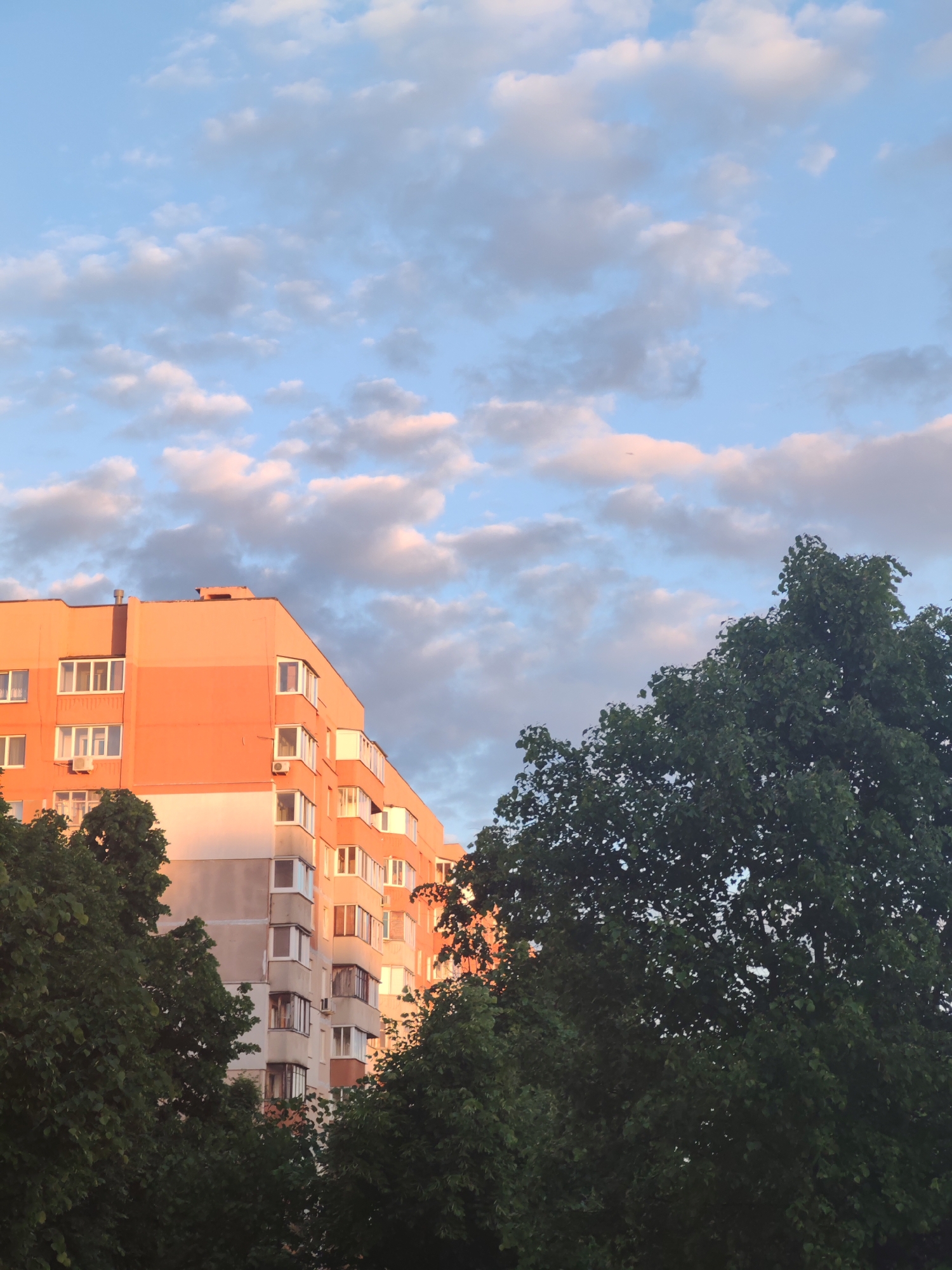 The image depicts a multi-story building in an urban setting, with trees framing the structure. The building has a mix of orange and gray facade colors. The sky is visible behind the building and trees, featuring a blend of blue and clouds. The time of day appears to be late afternoon or early evening, judging by the light on the building and the clouds. The location is unknown.