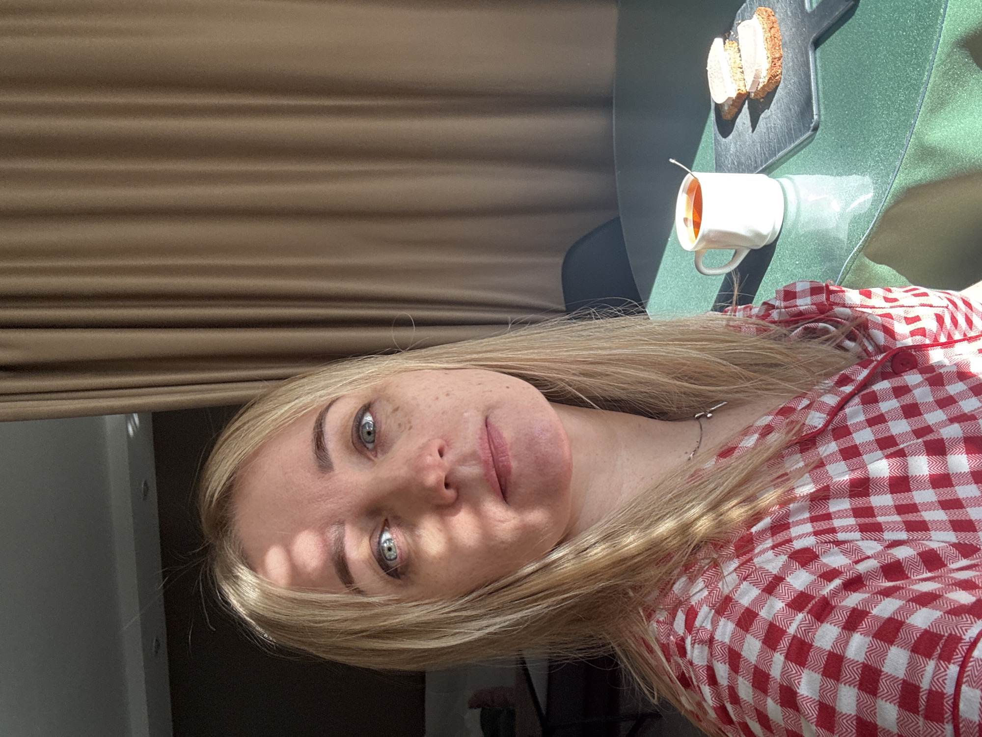 A woman with blonde hair and blue eyes is wearing a red and white checkered shirt. She is indoors, with a window to her left causing light and shadows across her face. A table next to her contains a white mug with a spoon inside, possibly filled with tea, and a dark cutting board with three slices of bread on it. Behind her is a brown curtain or drape. There is no evidence in the image to confirm the location is Votkinsk, Russia.