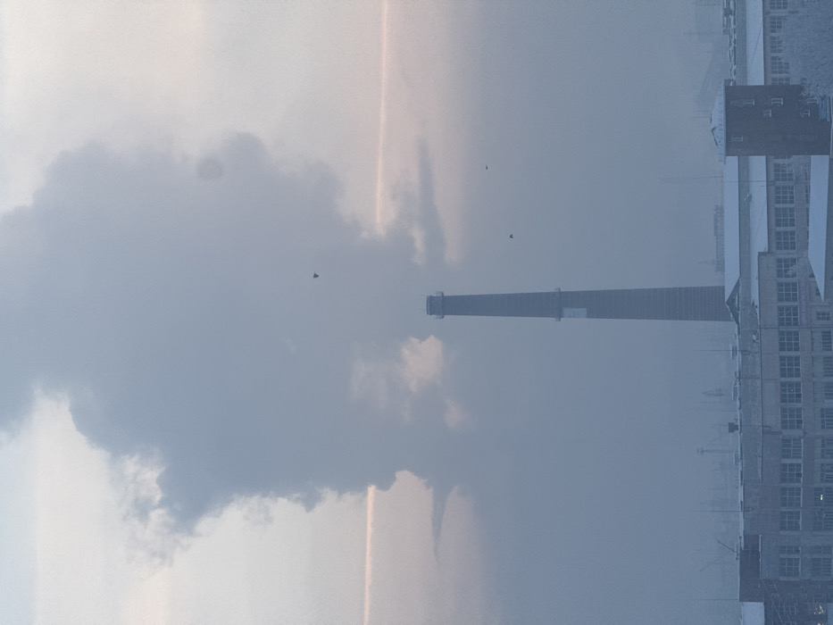 The image presents a wide-angle, hazy industrial landscape scene within the city of Krasnoyarsk, Russia, under an overcast sky. A prominent, tall, slender, grey cylindrical industrial chimney, possibly concrete or brick, stands centrally in the midground, its top reaching high into the frame. A voluminous, light-grey plume of smoke or steam emanates from the chimney, extending upwards and spreading significantly, dominating the upper two-thirds of the sky.
The sky is a muted gradient of pale blue-grey at the bottom transitioning to a pale pinkish-grey towards the top. A horizontal, faint pinkish-orange line stretches across the mid-sky to the left of the chimney and plume. Three small, dark bird silhouettes are visible in flight within the sky; one is positioned above the plume, another directly to the right of the chimney, and a third further to the right and lower.
In the lower third of the image, a sprawling complex of low-rise industrial buildings with flat, snow-covered roofs is visible. These structures are predominantly light-colored with numerous rectangular window panes. To the right, a distinctive multi-story, reddish-brown brick building with a square footprint and smaller windows stands slightly forward of the main complex, also featuring a snow-dusted roof. Distant industrial structures and what appear to be cranes are dimly visible through a heavy atmospheric haze on the horizon, further suggesting a large industrial area. Traces of white frost are present on vegetation in the lower right corner, indicating cold conditions.