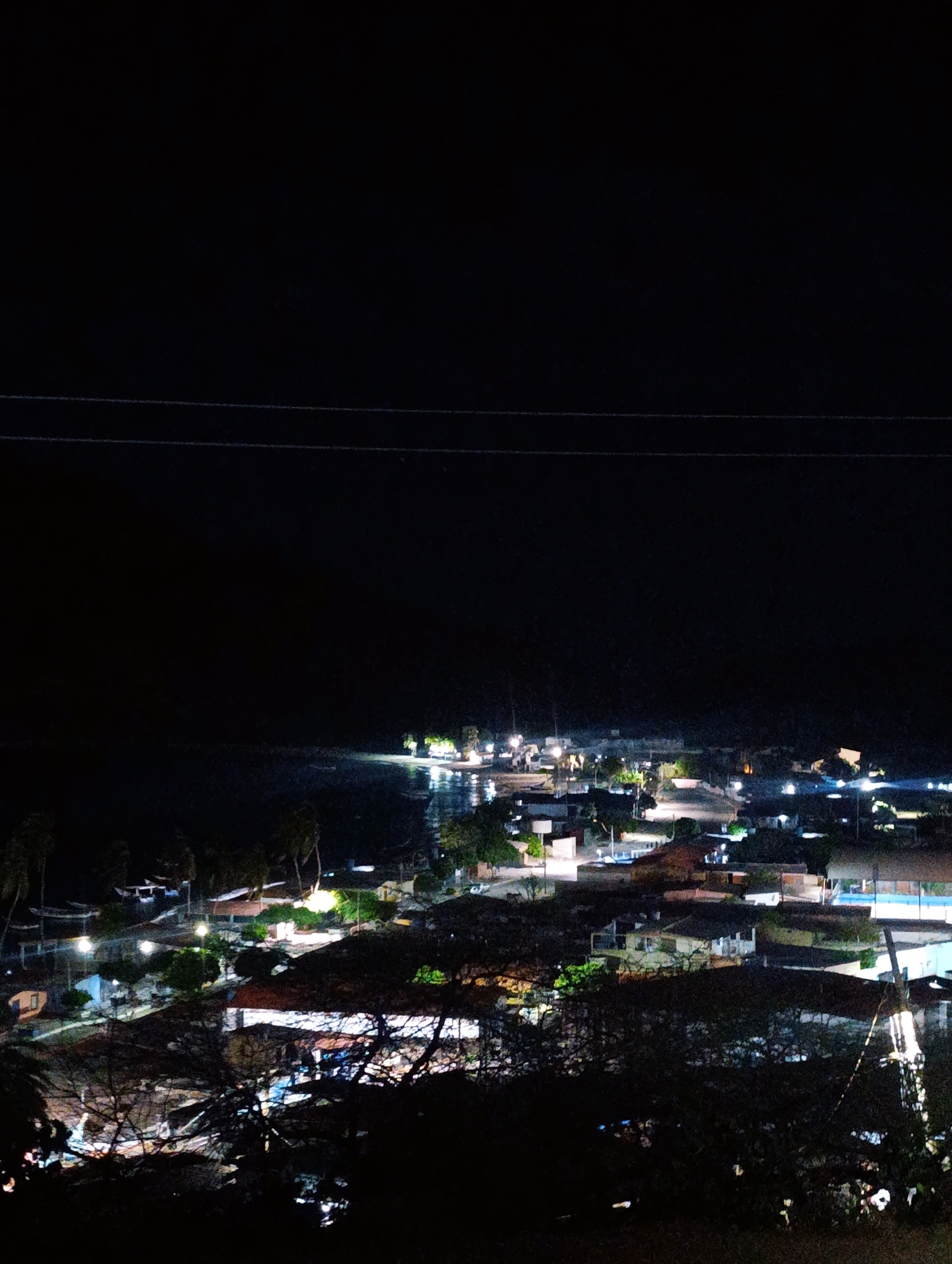 The image depicts a night view of Juan Griego, Venezuela. The scene is dominated by darkness, with a scattering of artificial lights illuminating the town. In the foreground, silhouetted trees obscure the lower portion of the image. Buildings and houses are visible, their forms suggested by the sparse lighting. Further in the distance, the outline of the bay is faintly discernible, marked by reflections of light on the water. Overhead, power lines stretch horizontally across the upper portion of the frame.