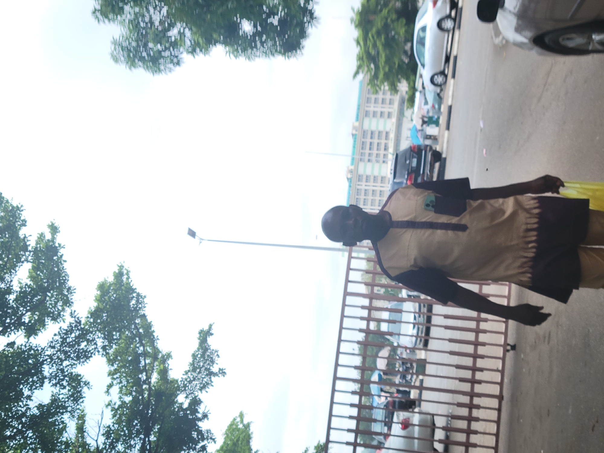 The image, when viewed upright, captures an outdoor urban scene, likely in Abuja, Nigeria, featuring a man in the foreground. On the right side of the frame, a Black man, appearing to be an adult, is standing or walking. He is dressed in a light-colored (beige or cream) traditional tunic, possibly an agbada-style top, adorned with dark brown or maroon patterns on the shoulders and the lower part of the garment. He holds a bright yellow bag in his right hand.
Behind the man, a brown metal fence or gate stretches horizontally, acting as a divider. Beyond this fence, a street or parking lot is visible, with several parked vehicles, including a white sedan and a darker-colored car. In the background, a multi-story building with numerous windows and light-colored architectural features rises, suggesting a modern urban setting. A street light post extends upwards in the mid-ground.
The sky, particularly in the upper left portion of the image, is very bright and appears overcast or hazy white, indicating a daytime scene. Green, leafy trees are prominent in the upper left corner and the lower left foreground, providing a natural element to the urban landscape. There are no overt activities or specific events unfolding, beyond the man's presence. No visible text can be identified in the image. The overall impression is that of a typical bright day in an urban area.