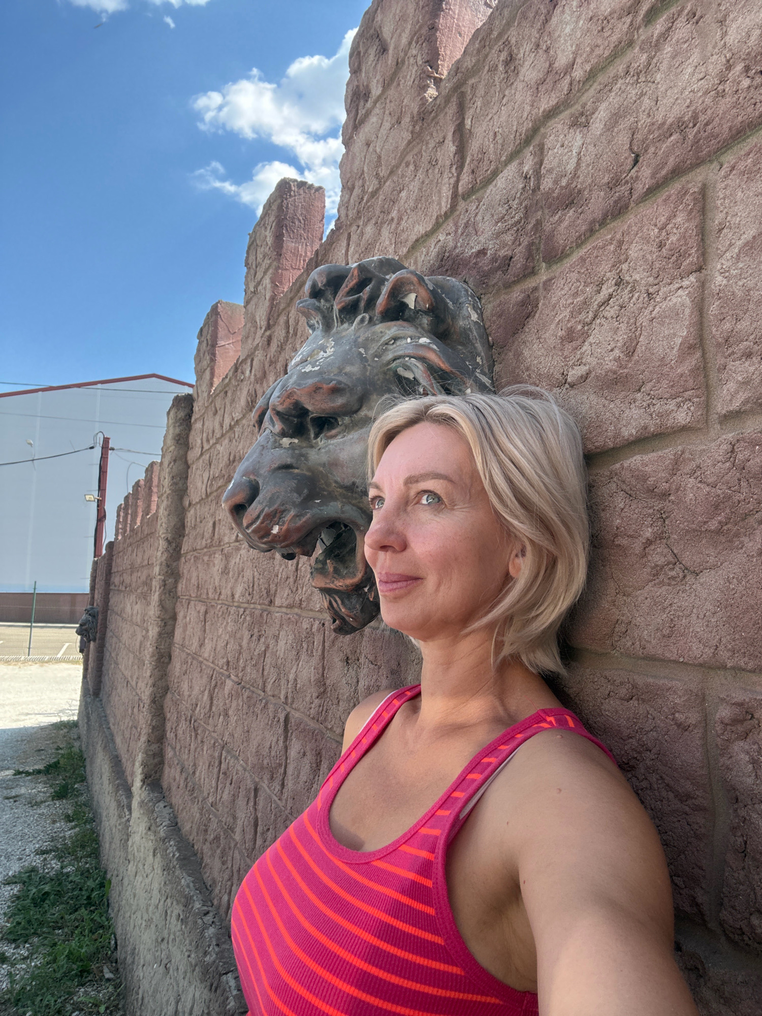 A blonde woman is standing next to a rough, reddish-brown stone wall, leaning her head against it. A metal lion's head sculpture is mounted on the wall, positioned behind her head and to her left. The woman is wearing a pink and orange striped tank top. In the background, there is a pale building and a cloudy blue sky. The image appears to have been taken outdoors.