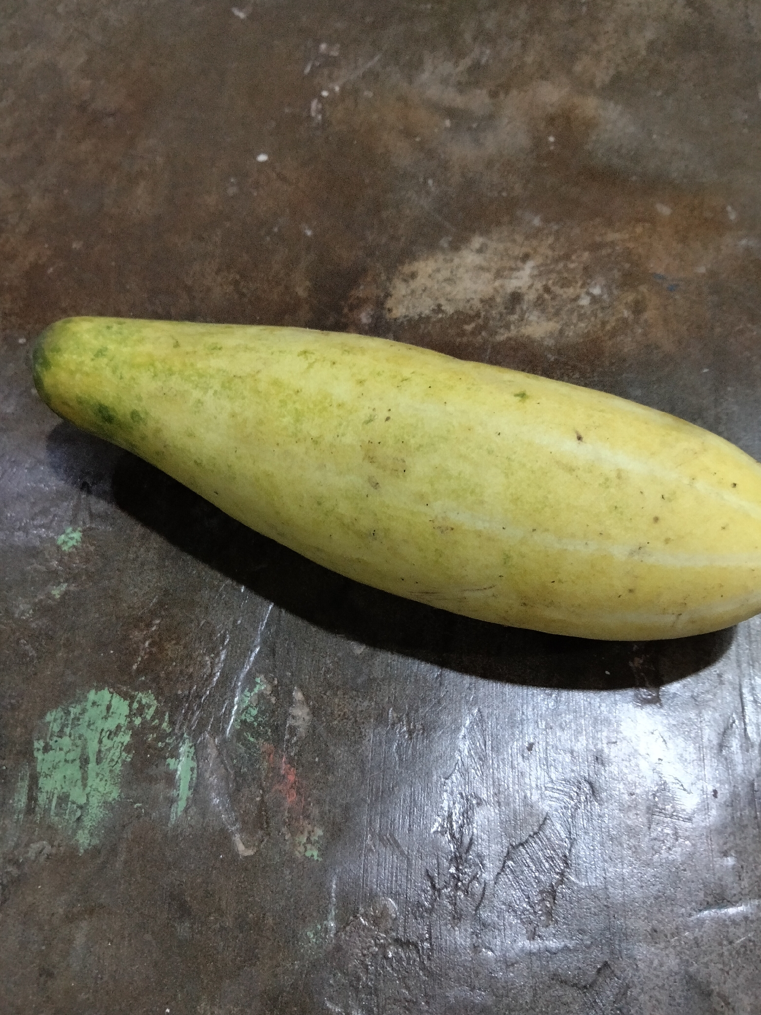 A pale yellow cucumber lies on a textured, dark brown surface. The cucumber is elongated and curves slightly. The surface appears to be a floor or table with a worn, possibly painted or stained finish, exhibiting patches of lighter brown, green, and hints of red. The lighting casts a shadow from the cucumber onto the surface to its right. The image is shot from a high angle. There is no indication of the specific location in Buleleng, Indonesia.
