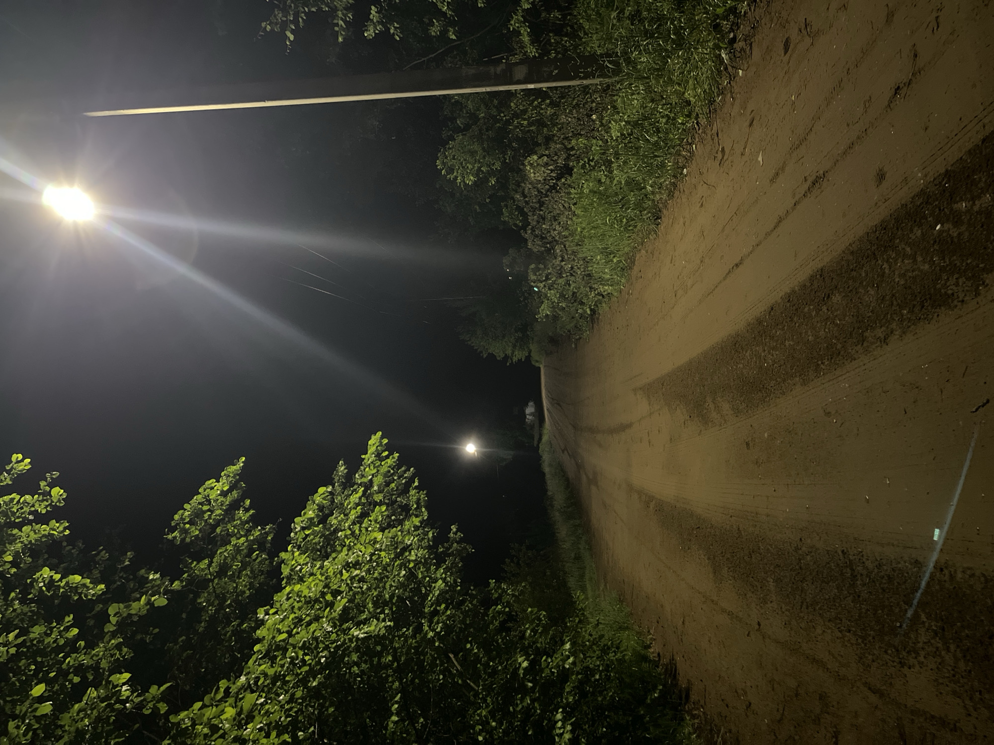 This image captures a rural or semi-rural dirt road at night, situated in the city of Chaikovsky, Russia. The unpaved road, displaying a brownish-tan color with visible tire tracks and minor surface irregularities, extends into the distance, appearing to curve slightly to the left. Dense green foliage, consisting of trees and bushes, borders the left side of the road, while similar vegetation and tall grass line the right. A prominent streetlight, affixed to a utility pole, is positioned on the right side of the mid-ground, emitting a strong white light with discernible lens flares. A second, smaller, and less intense streetlight is visible further down the road in the background. The sky is dark, consistent with nighttime conditions. No individuals, vehicles, or animals are present within the depicted scene.