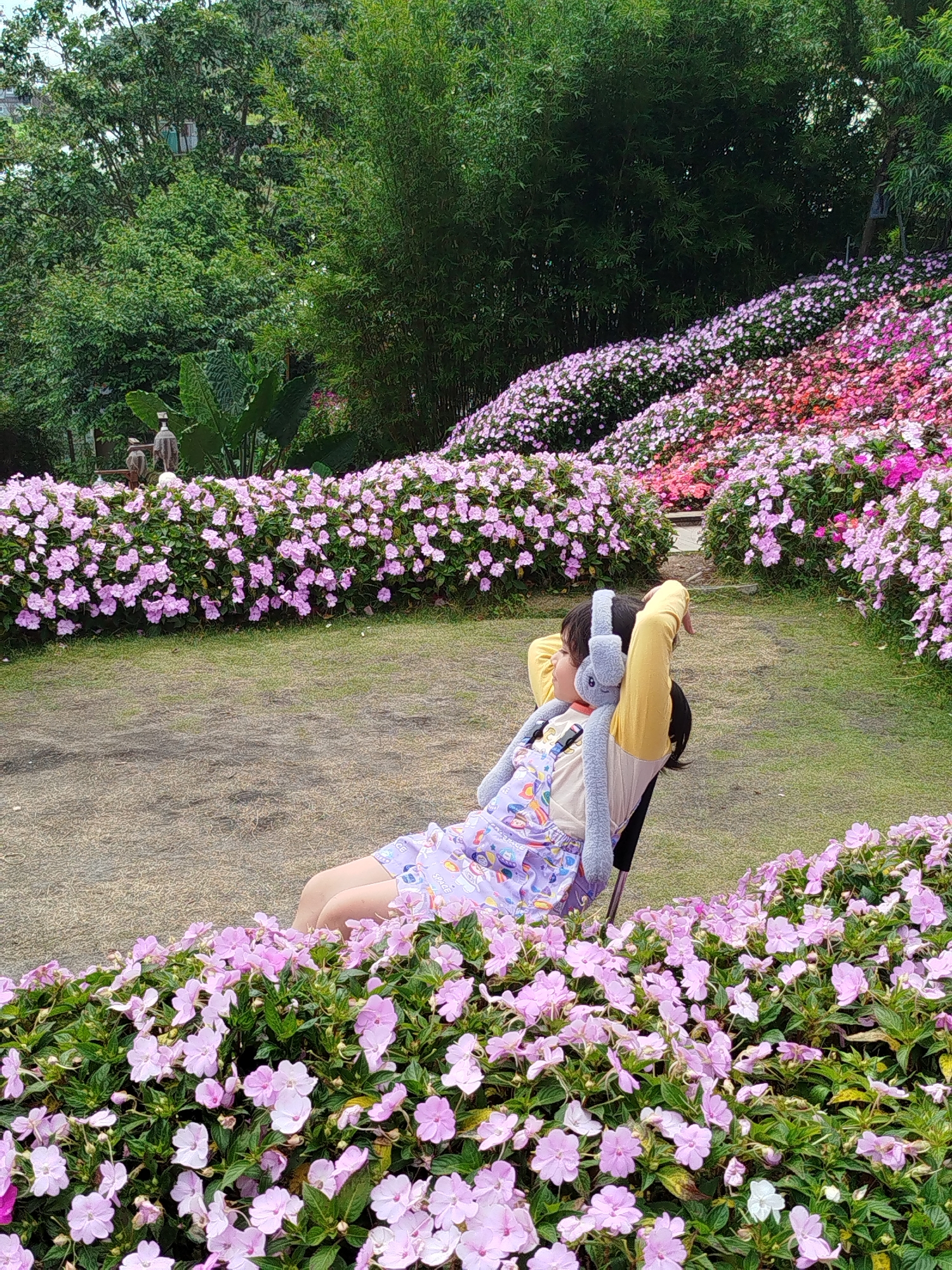 A young girl sits in a black chair facing away from the camera, her body angled to the left. She wears a yellow long-sleeved shirt and purple overalls with a colorful pattern. A light blue stuffed animal hangs from her neck, and she has on light blue earmuffs. The girl is positioned in a garden filled with rows of pink flowers, some of which are visible in the foreground. In the background, a steep hill is covered in more pink flowers, with lush green trees and bamboo stalks forming a backdrop. The ground appears to be a mixture of gravel and grass. The image was taken in the city of Xuân Thành, Vietnam.