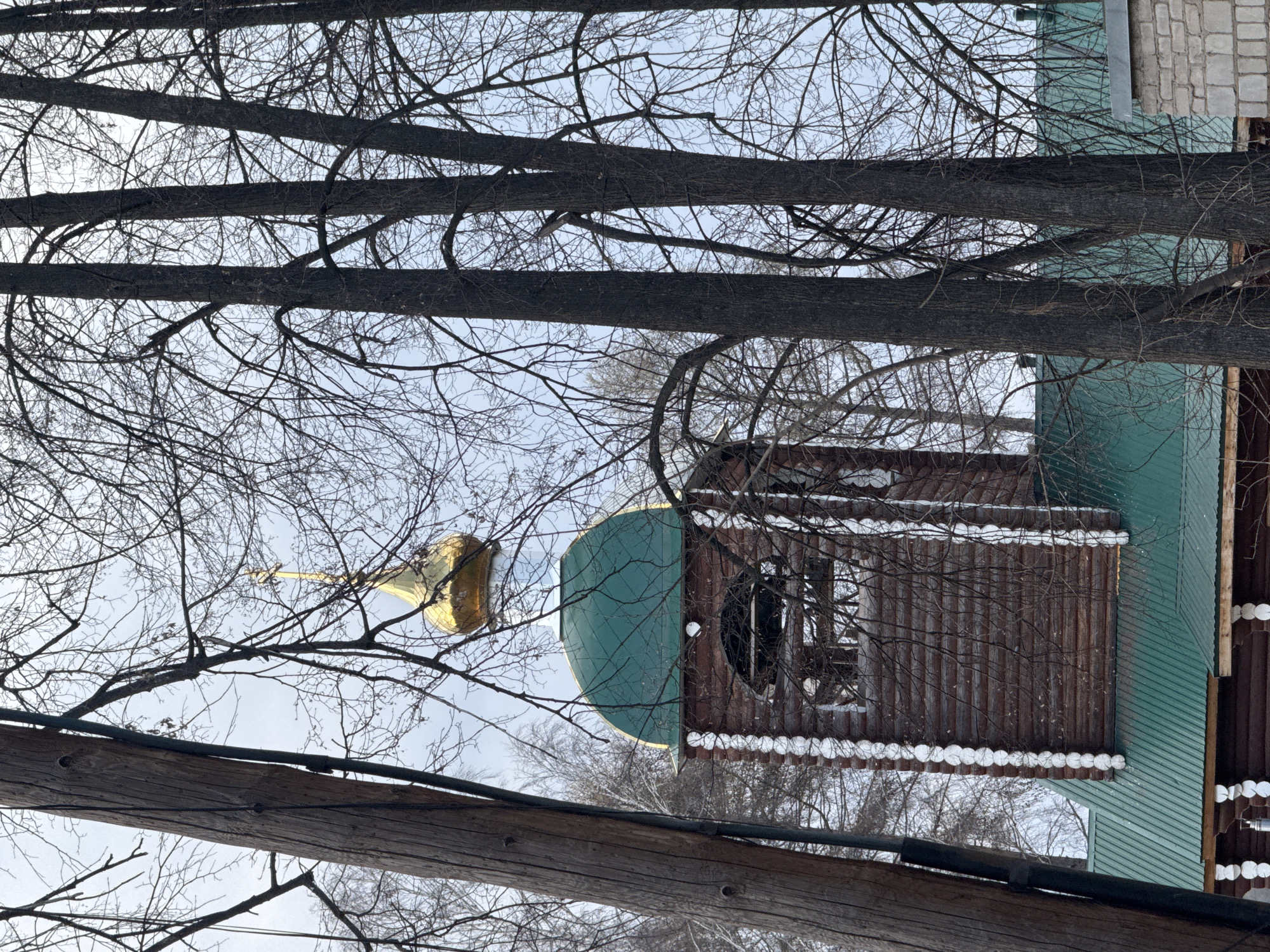 The image presents a winter scene in Chaikovsky, Russia, featuring a religious building partially visible through a dense network of bare tree branches. The building appears to be a church or chapel, constructed with dark brown wooden planks and adorned with white decorative trim along its eaves and around a circular window. It is topped with a distinctive green-colored dome and a golden, onion-shaped cupola culminating in a cross, characteristic of Orthodox Christian architecture.
Snow lightly covers the roof ledges and decorative elements of the building, confirming the winter season. The sky is bright but overcast, suggesting a cloudy winter day. In the foreground, several thick, leafless tree trunks and numerous intricate bare branches crisscross the frame, creating a visual barrier and texture against the lighter sky and the building. A sturdy wooden utility pole with black cables runs diagonally across the lower left portion of the image, further framing the scene.
No people are visible, and no specific event or activity is taking place; the scene conveys a quiet, static winter atmosphere. There is no visible text in the image.