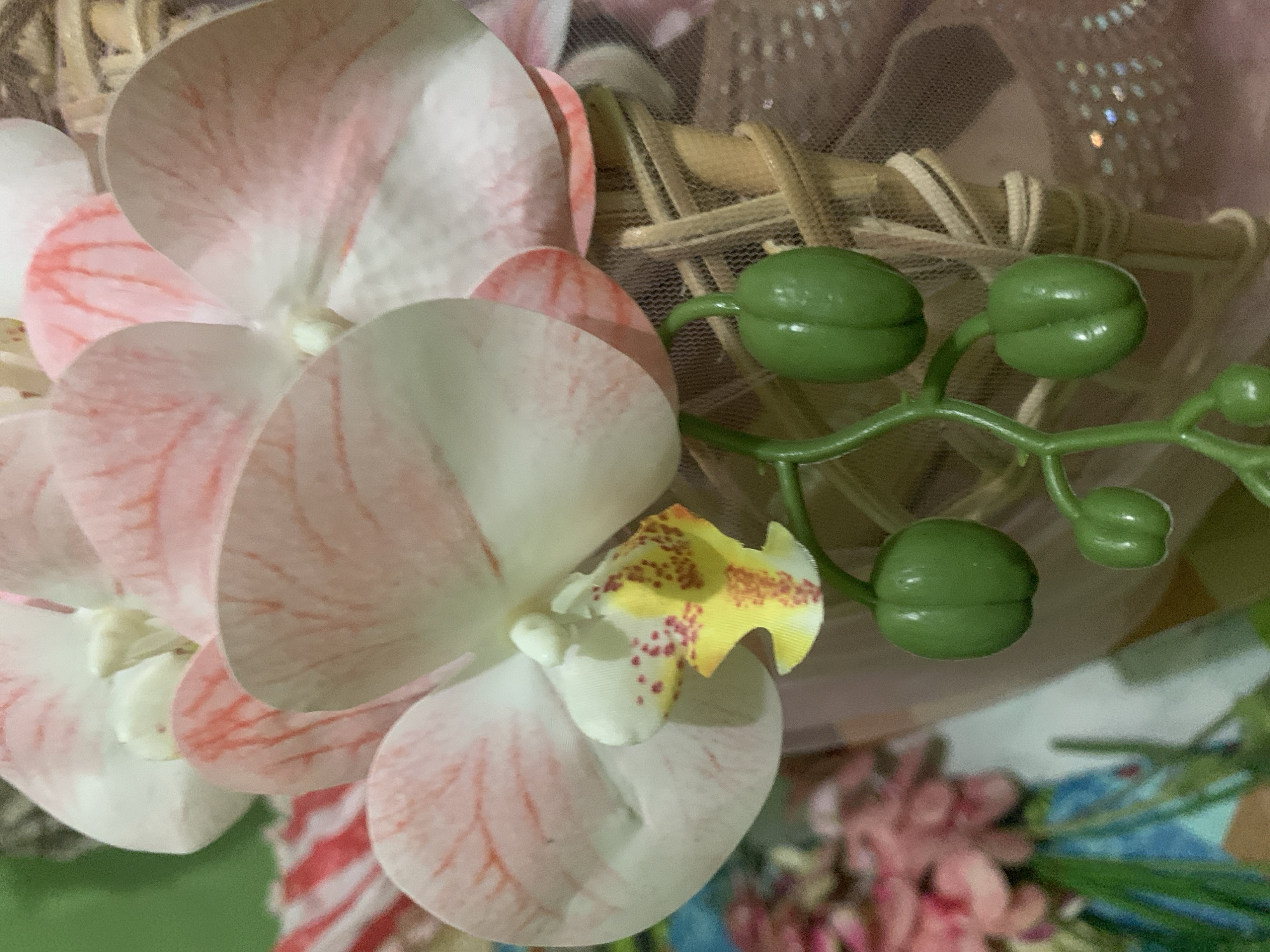 A close-up, eye-level shot focuses on a cluster of artificial pink and white orchids with delicate red veining. The orchids are arranged in a woven basket, which is partially obscured by sheer pink fabric. In the foreground, a green stem with several small, green buds hangs down, suggesting the plant is either a budded orchid or a decorative stem. The background is blurred, showing hints of other floral arrangements and what appears to be a green wall. The lighting is soft and even, creating a gentle ambiance. The image is of the orchids, not of Kuala Pembuang, Indonesia.