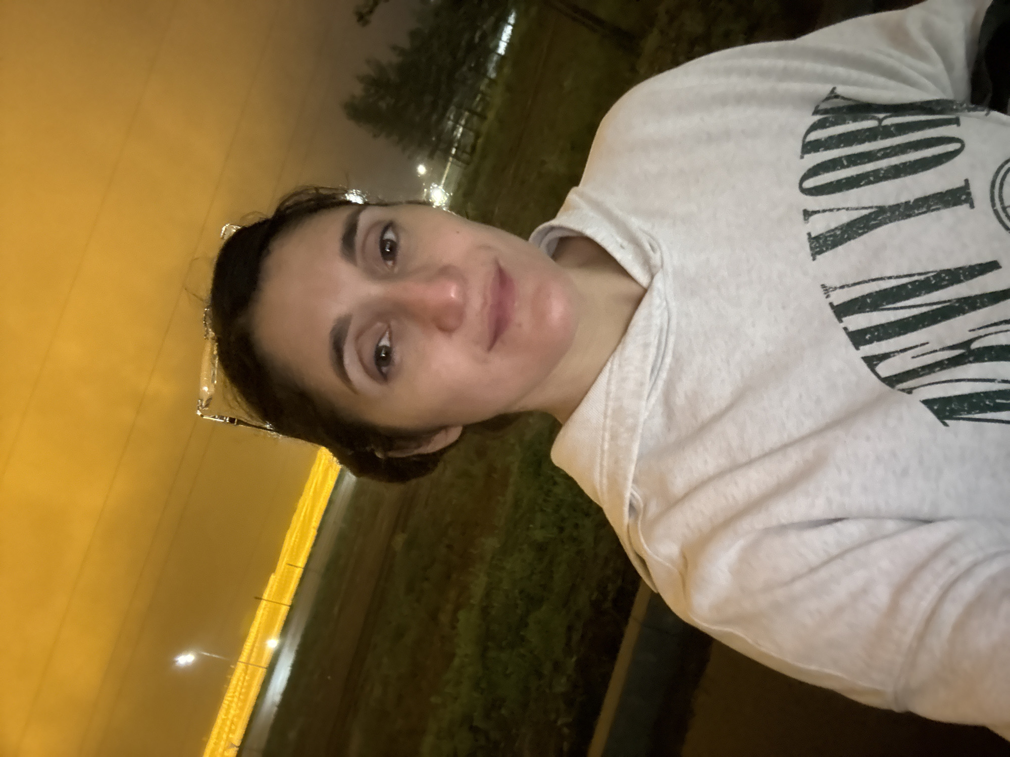 The image features an adult female centered in a head-and-torso shot, looking directly at the viewer with a neutral expression and a slight smile. She has dark hair styled back, with clear-framed glasses resting on top of her head. Her complexion is fair, with dark eyes, a prominent nose, and full lips. She is wearing a light grey hooded sweatshirt with dark, distressed text on the front, partially legible as "NEW YOR", indicating "NEW YORK".
The background depicts an outdoor, nighttime environment within what is stated to be the city of Sarapul, Russia. The sky above is suffused with a prominent yellow-orange glow, suggesting light pollution or powerful distant artificial illumination. Faint horizontal lines, consistent with overhead power lines, are visible against this glow. To the far left, a bright white streetlight emits light. Below the horizon, a continuous, intense yellow line of lights stretches horizontally across the mid-ground, indicating a distant road with traffic or a large industrial facility. Beneath these lights, a dark, linear area suggests a road or paved surface, bordered by a strip of green grass. To the right, several dark, silhouetted trees are visible, with faint white lights appearing in the distant background. The overall atmosphere appears slightly hazy.