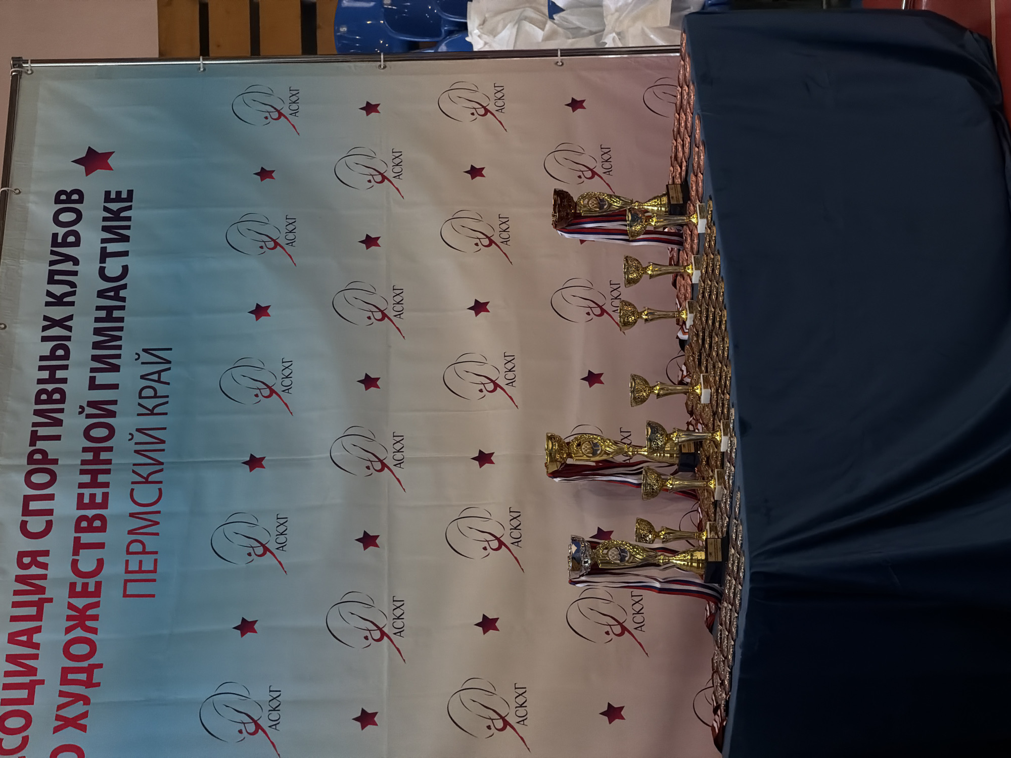 The image displays a banner in Russian that reads "ASSOCIATION OF SPORTS CLUBS OF ARTISTIC GYMNASTICS PERM REGION." Next to the banner are many trophies, along with a dark-colored cloth partially covering the table. The text "АСКХГ" and a star design are repeated on the banner. The image suggests an event or competition related to artistic gymnastics in the Perm Region, Russia.